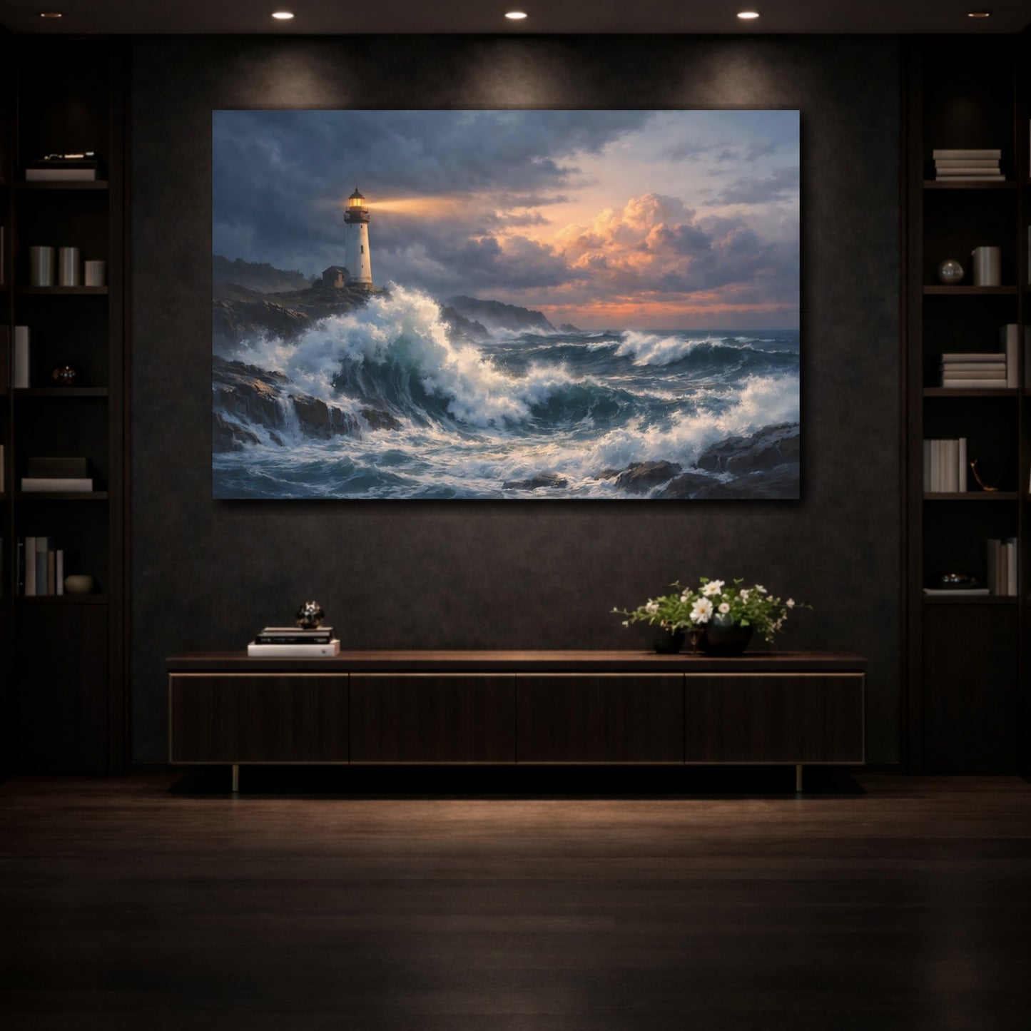 Mockup 3. Nature Lighthouse Lighthouse Seascape shown as stretched canvas wall art