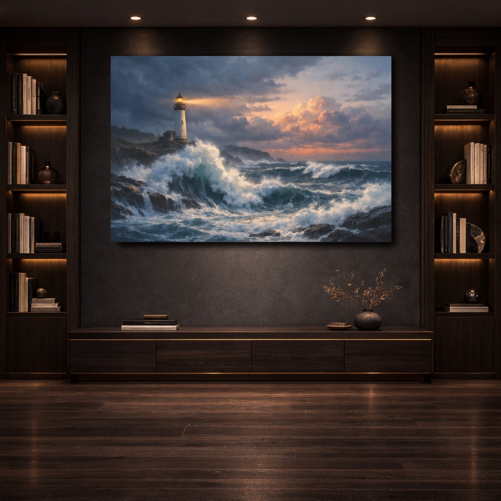 Mockup 3. Nature Lighthouse Lighthouse Seascape shown as stretched canvas wall art