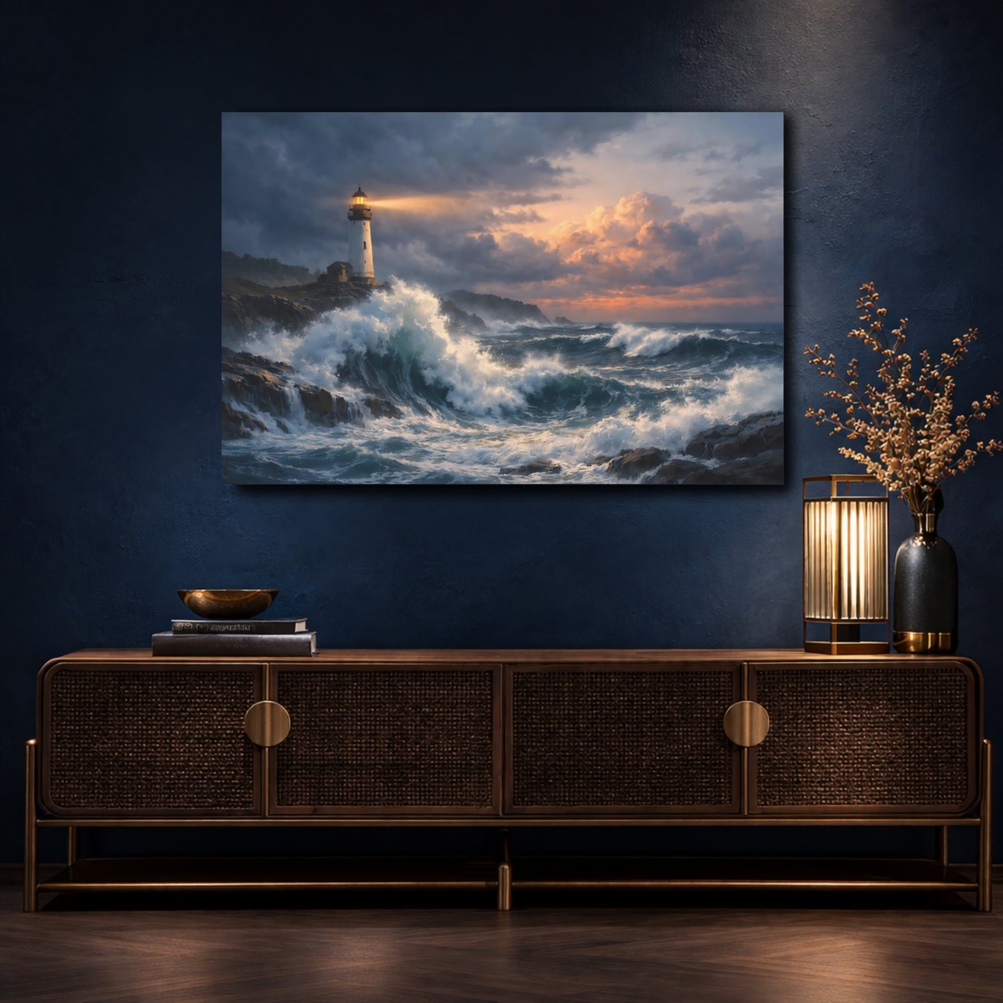 Mockup 4. Nature Lighthouse Lighthouse Seascape shown as stretched canvas wall art