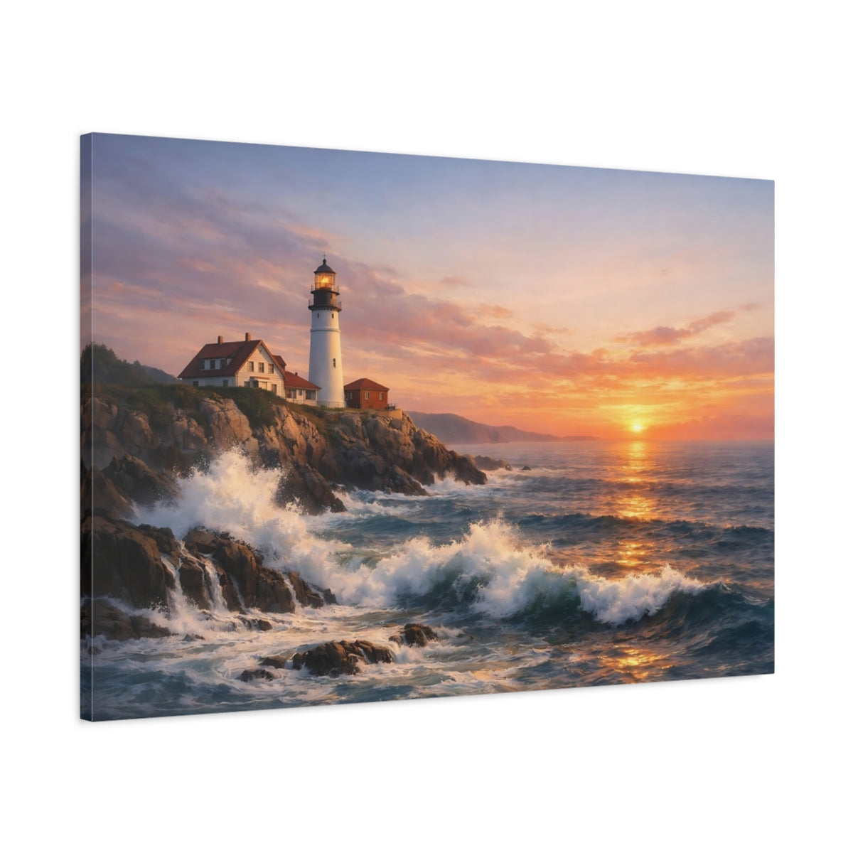 Main Mockup. Nature Lighthouse Lighthouse Sunset shown as stretched canvas wall art