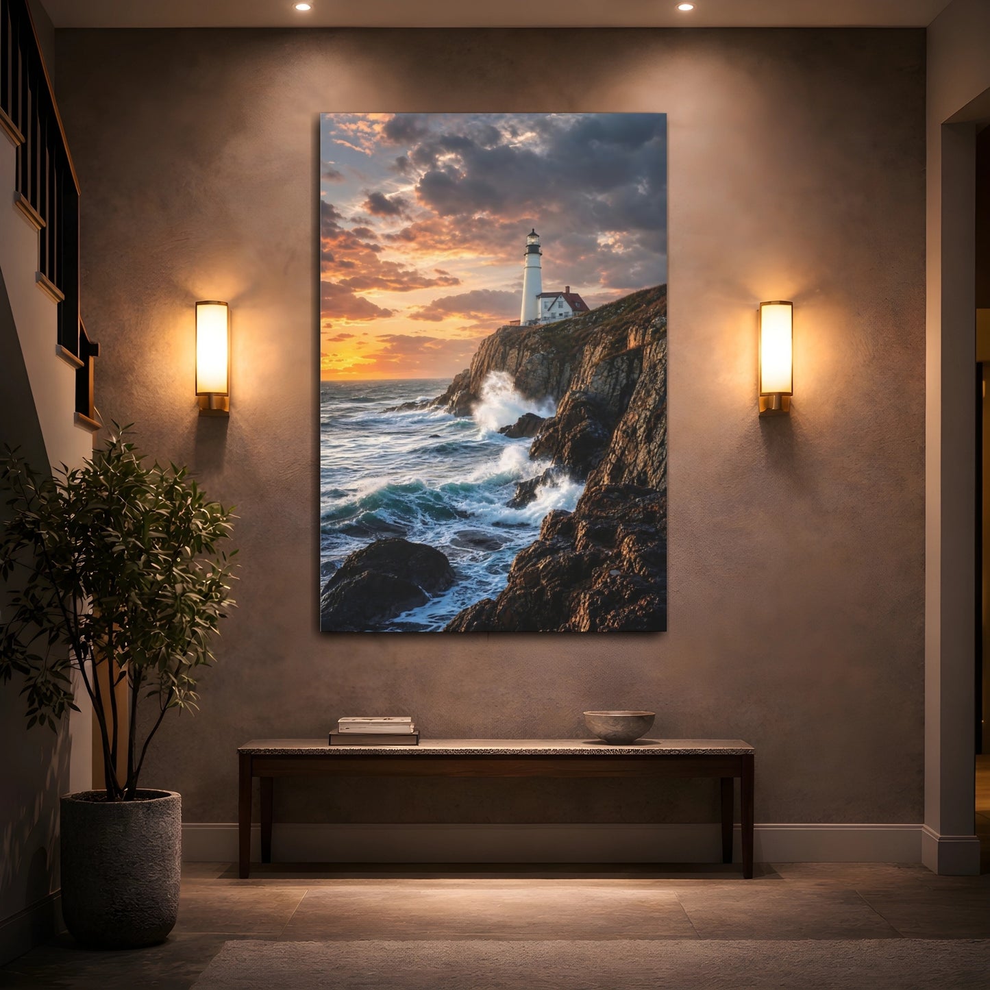 Mockup 2. Nature Lighthouse Lighthouse Sunset Ocean shown as stretched canvas wall art
