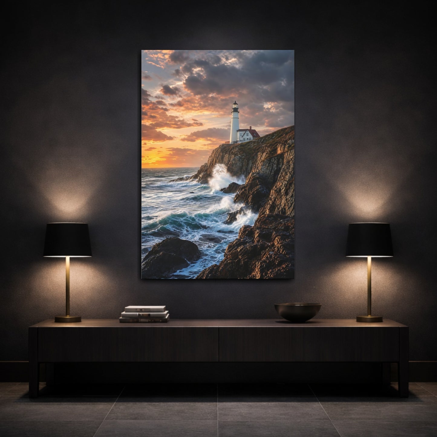 Mockup 3. Nature Lighthouse Lighthouse Sunset Ocean shown as stretched canvas wall art