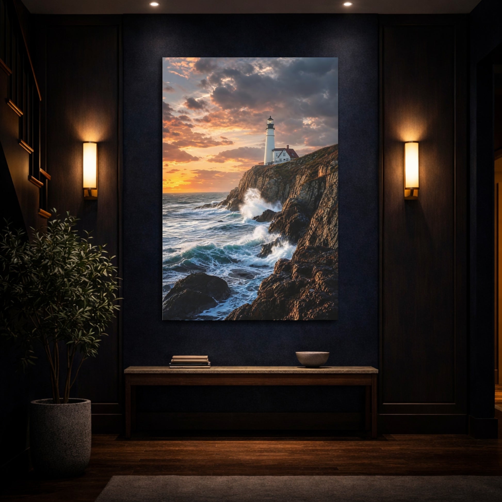 Mockup 4. Nature Lighthouse Lighthouse Sunset Ocean shown as stretched canvas wall art