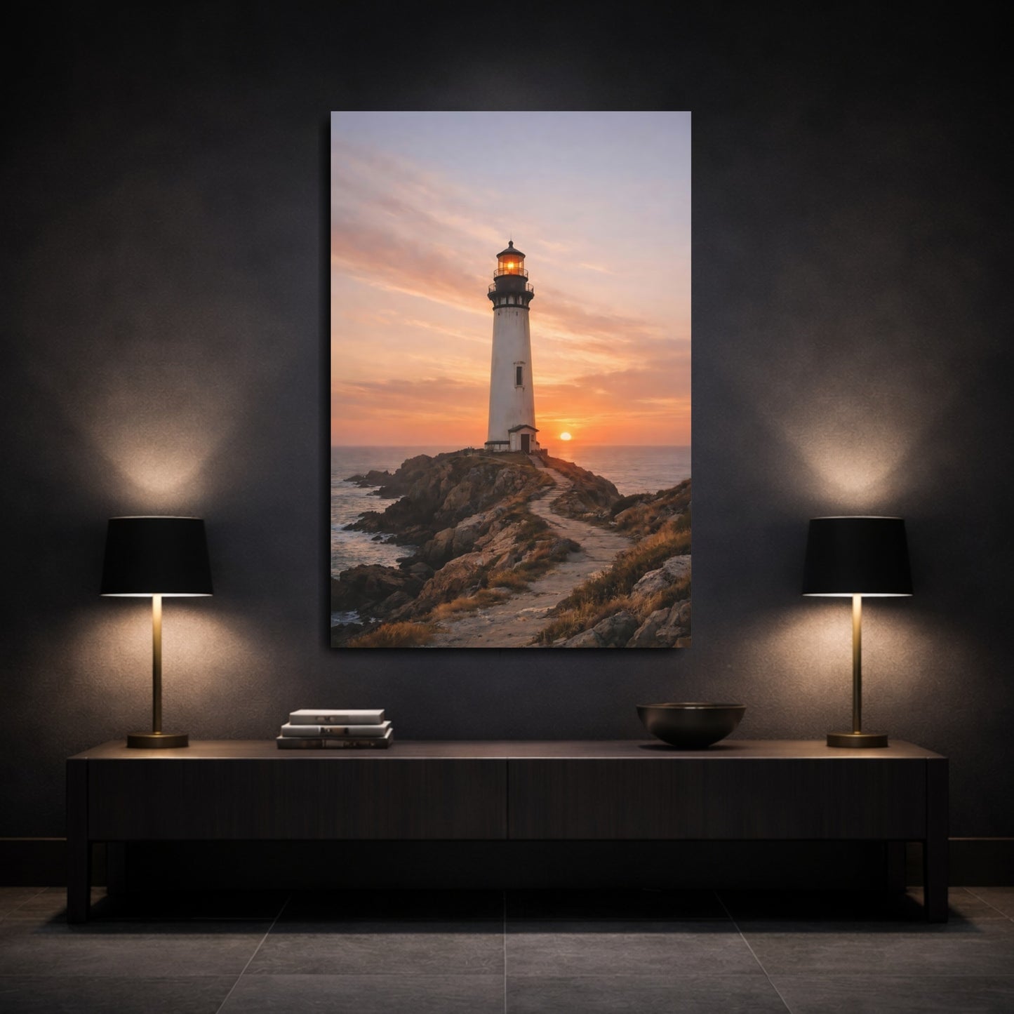 Mockup 2. Nature Lighthouse Lighthouse Sunset shown as stretched canvas wall art