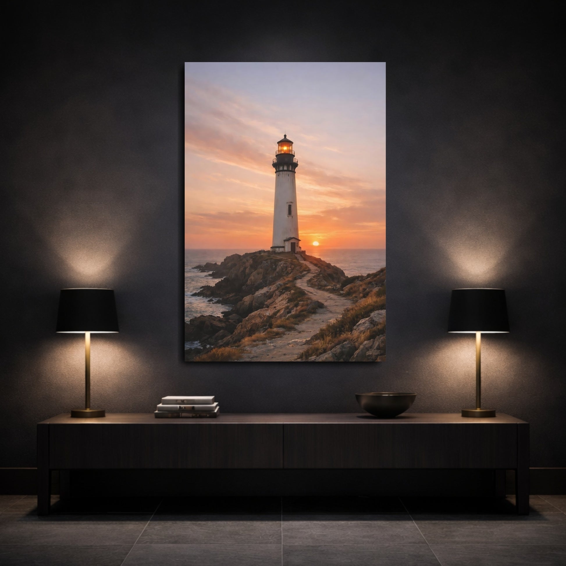 Mockup 2. Nature Lighthouse Lighthouse Sunset shown as stretched canvas wall art
