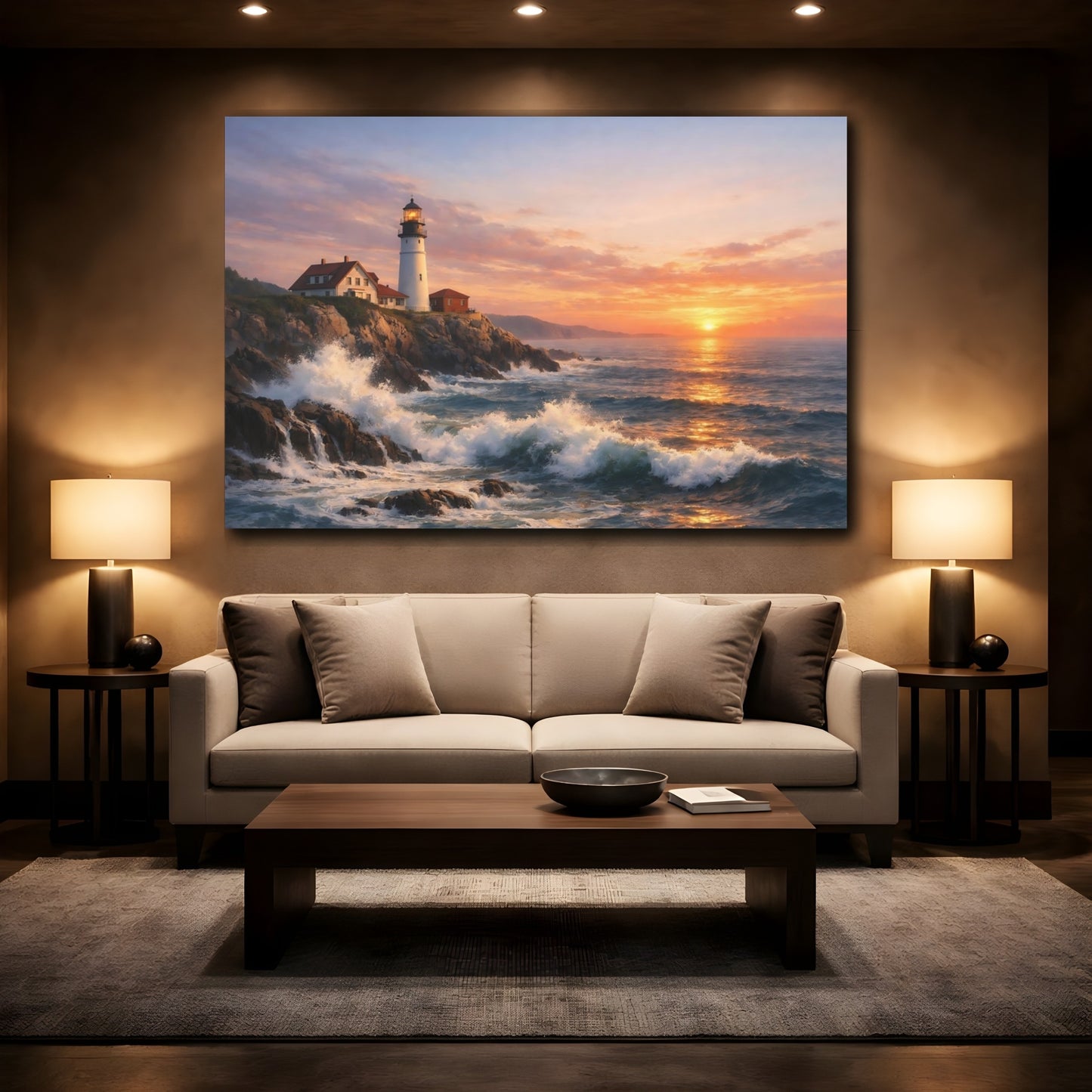 Mockup 2. Nature Lighthouse Lighthouse Sunset shown as stretched canvas wall art