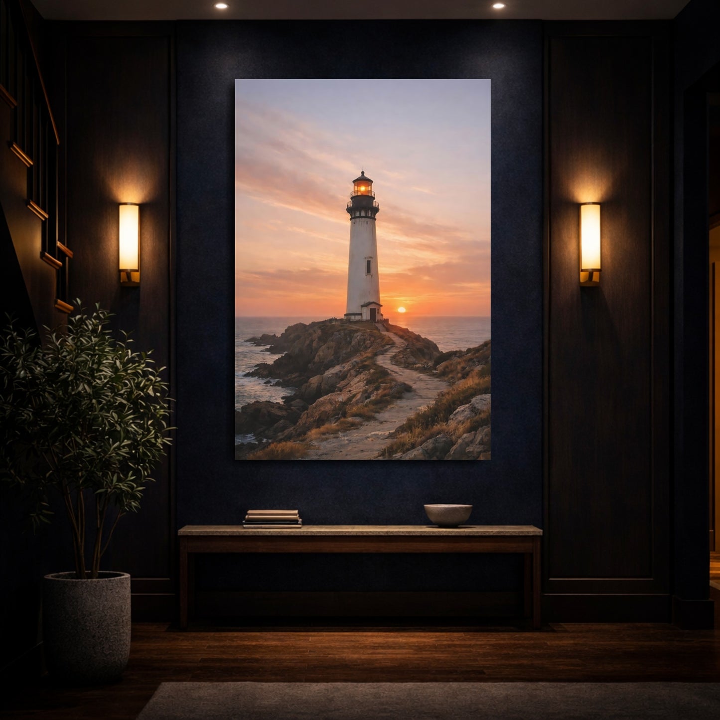Mockup 3. Nature Lighthouse Lighthouse Sunset shown as stretched canvas wall art