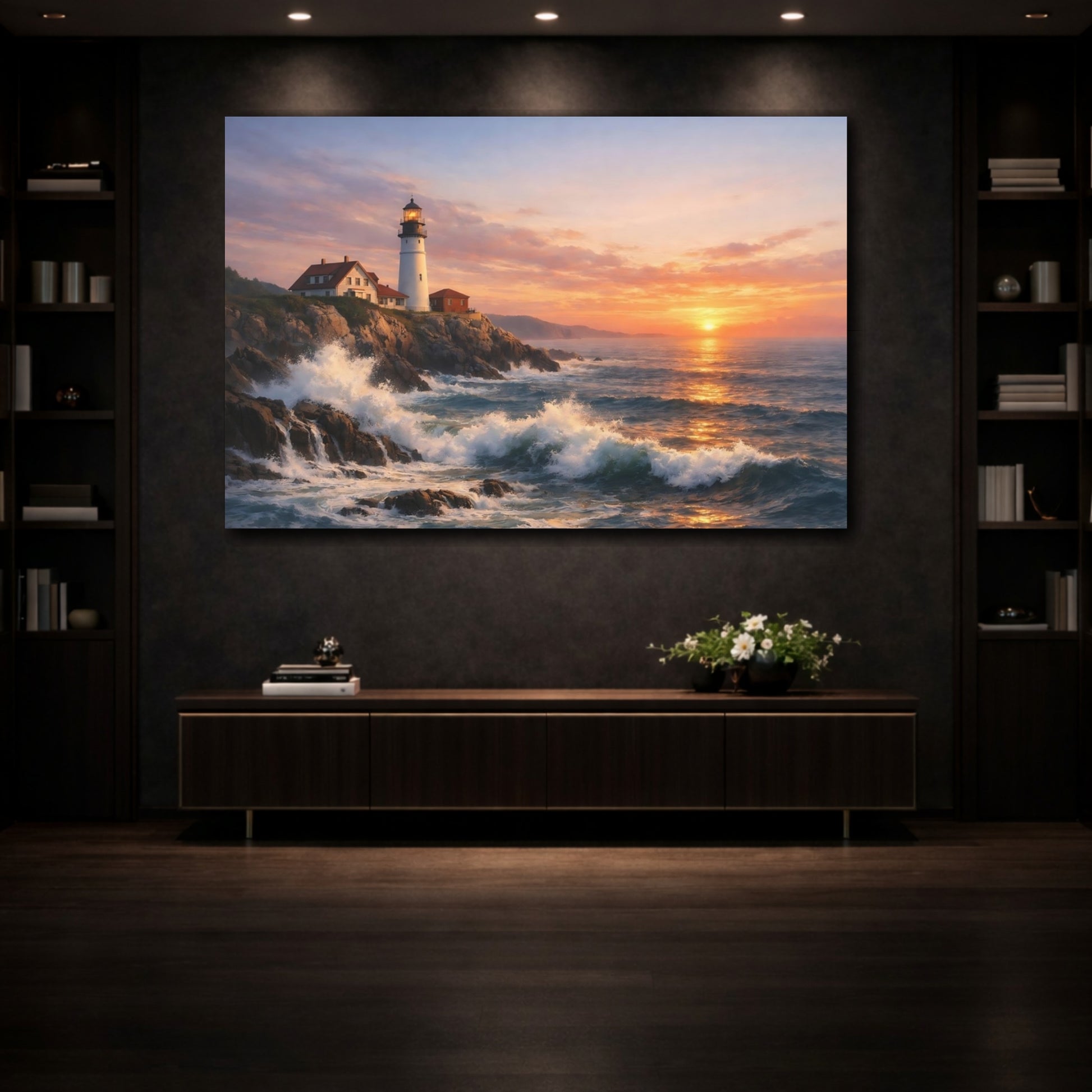 Mockup 3. Nature Lighthouse Lighthouse Sunset shown as stretched canvas wall art