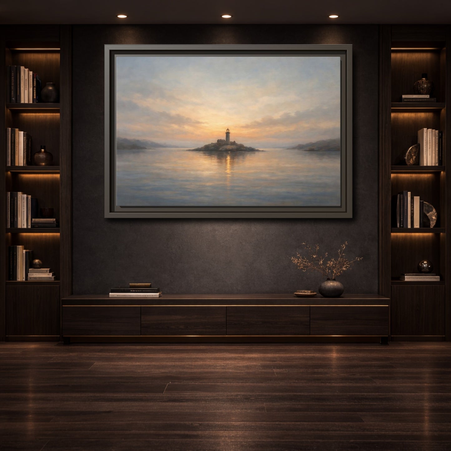 Mockup 3. Nature Lighthouse Lighthouse Sunset shown as stretched canvas wall art