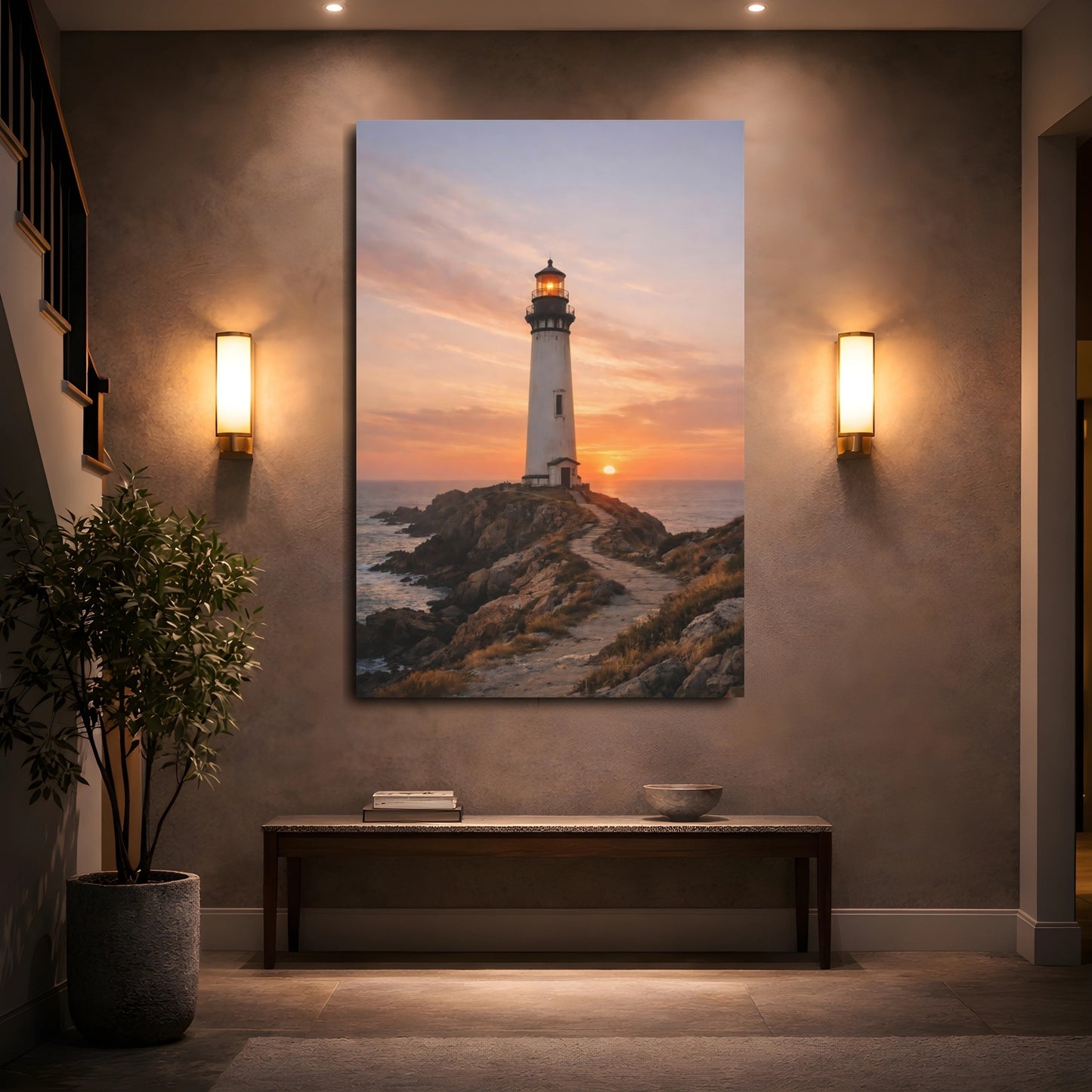 Mockup 4. Nature Lighthouse Lighthouse Sunset shown as stretched canvas wall art