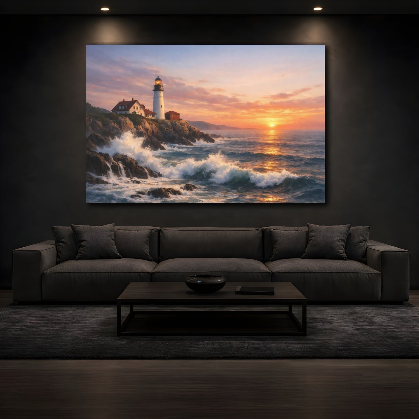 Mockup 4. Nature Lighthouse Lighthouse Sunset shown as stretched canvas wall art