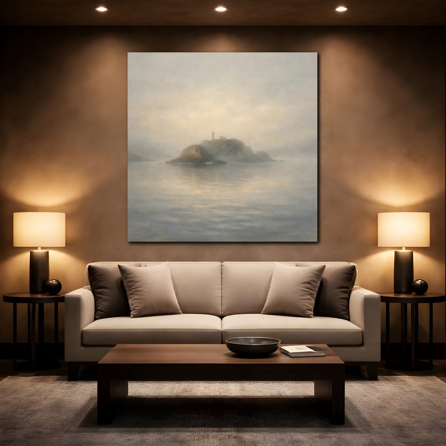 Mockup 2. Nature Lighthouse Misty Lighthouse Coastal shown as stretched canvas wall art