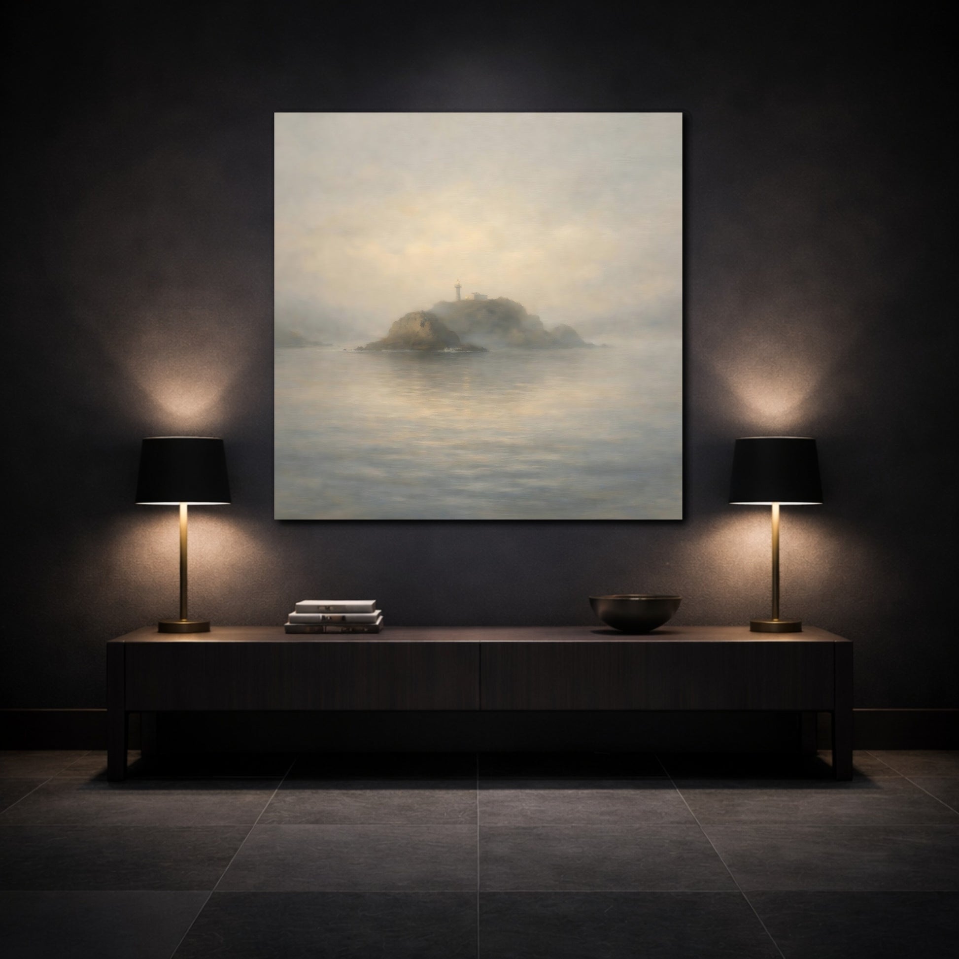 Mockup 3. Nature Lighthouse Misty Lighthouse Coastal shown as stretched canvas wall art