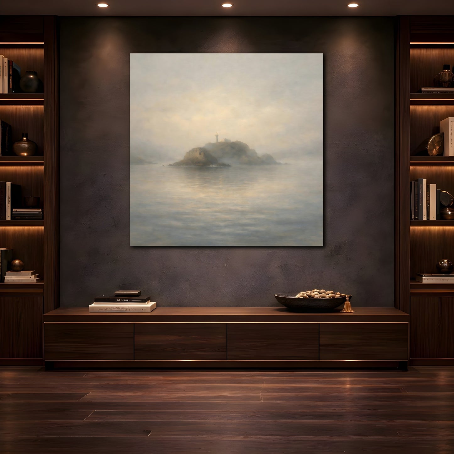 Mockup 4. Nature Lighthouse Misty Lighthouse Coastal shown as stretched canvas wall art