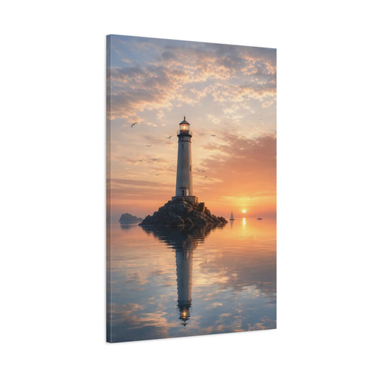 Main Mockup. Nature Lighthouse Orange Sunset shown as stretched canvas wall art