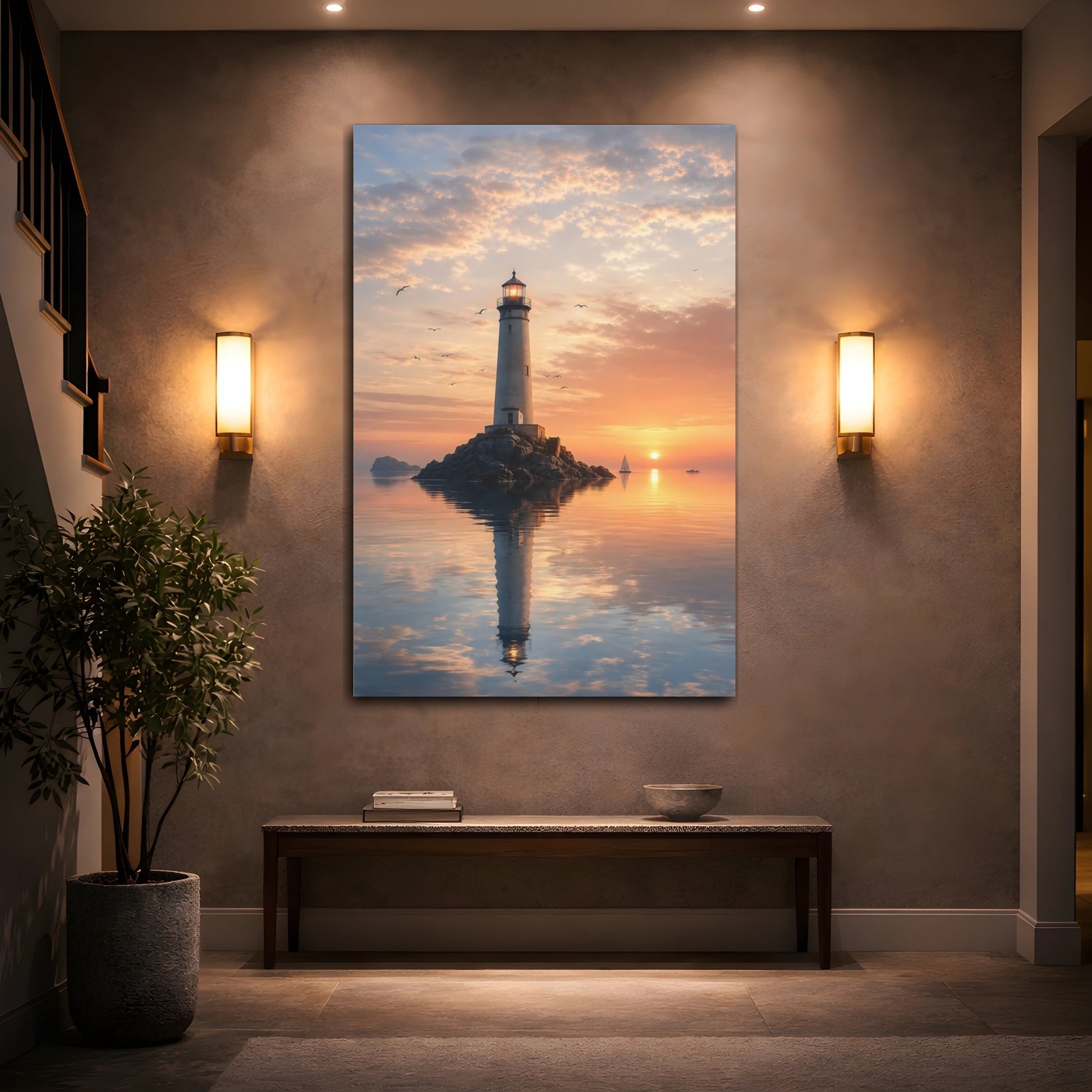 Mockup 2. Nature Lighthouse Orange Sunset shown as stretched canvas wall art