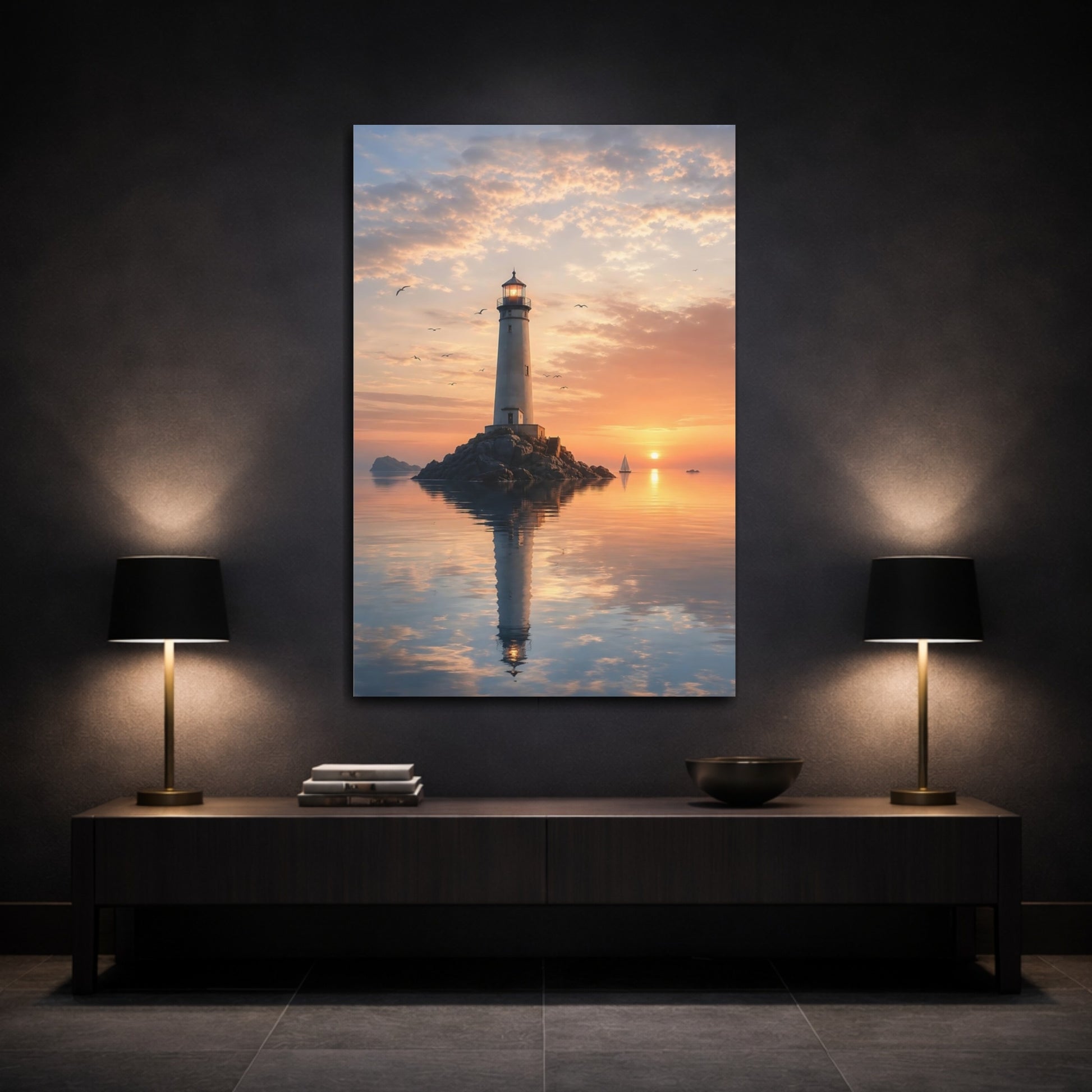 Mockup 3. Nature Lighthouse Orange Sunset shown as stretched canvas wall art
