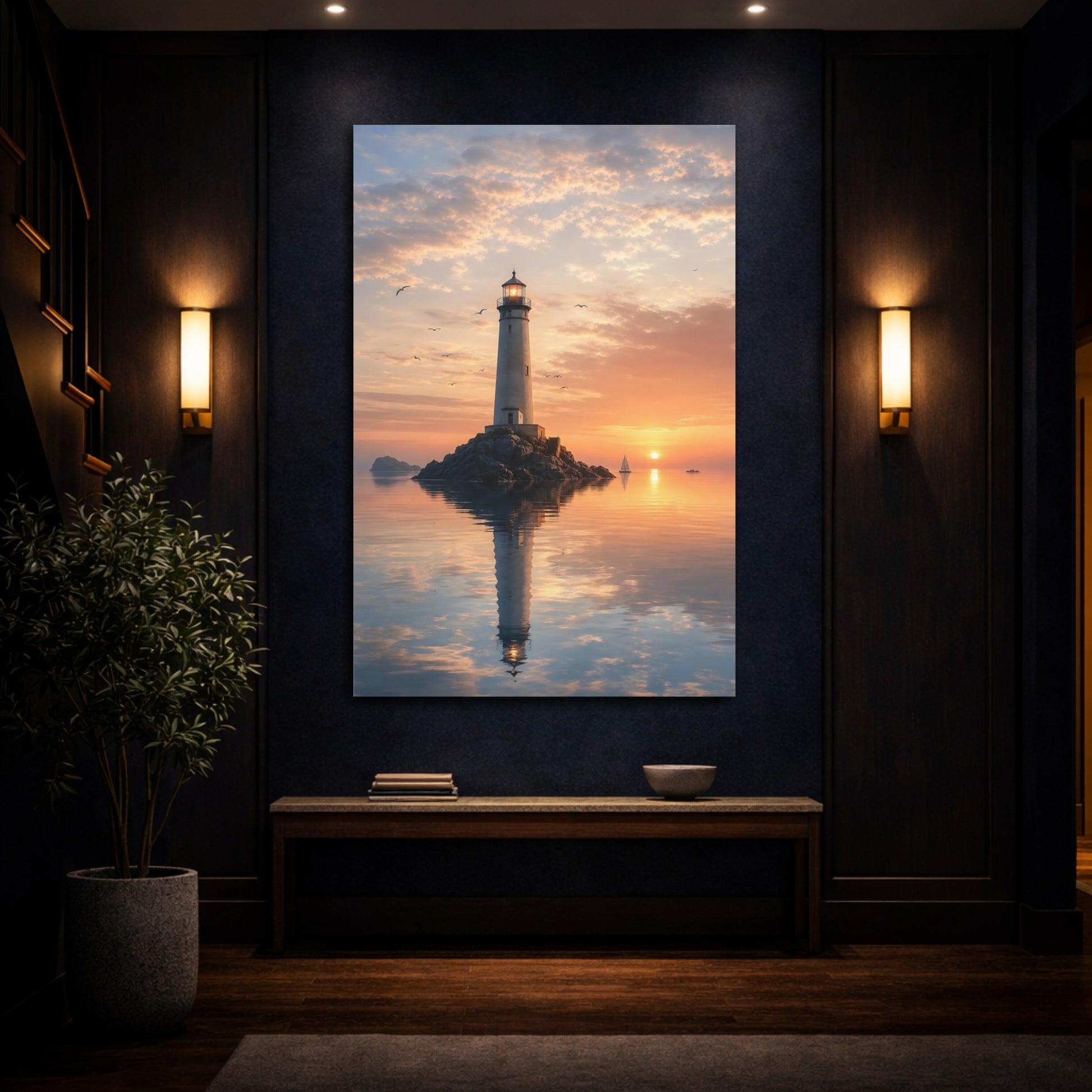 Mockup 4. Nature Lighthouse Orange Sunset shown as stretched canvas wall art