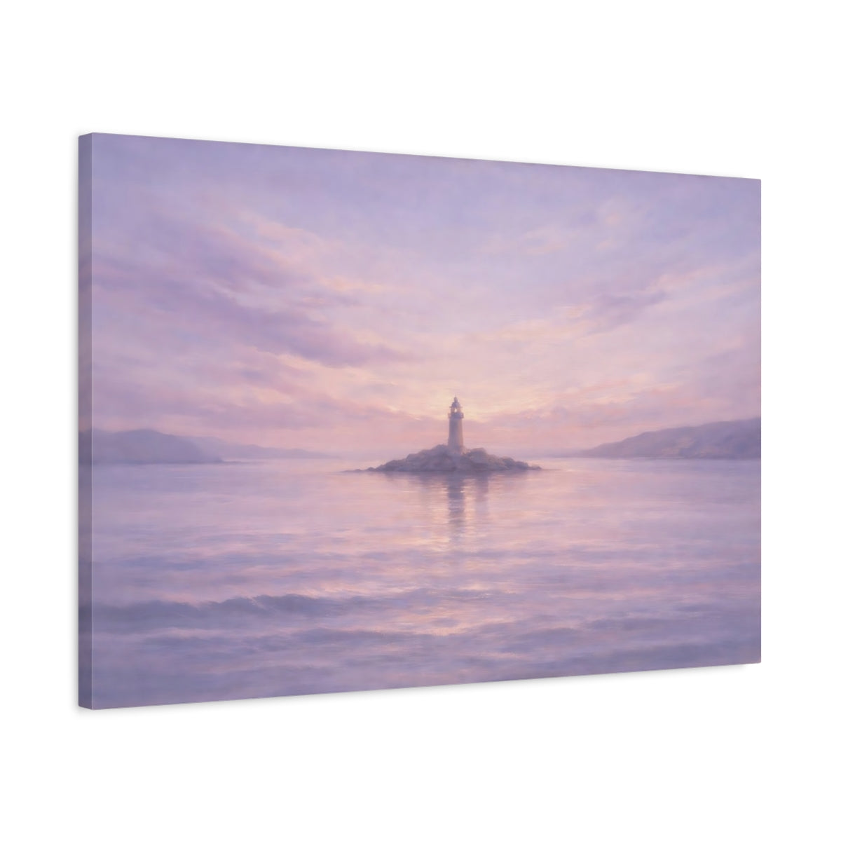 Side Mockup 2. Nature Lighthouse Purple And Pink shown as stretched canvas wall art