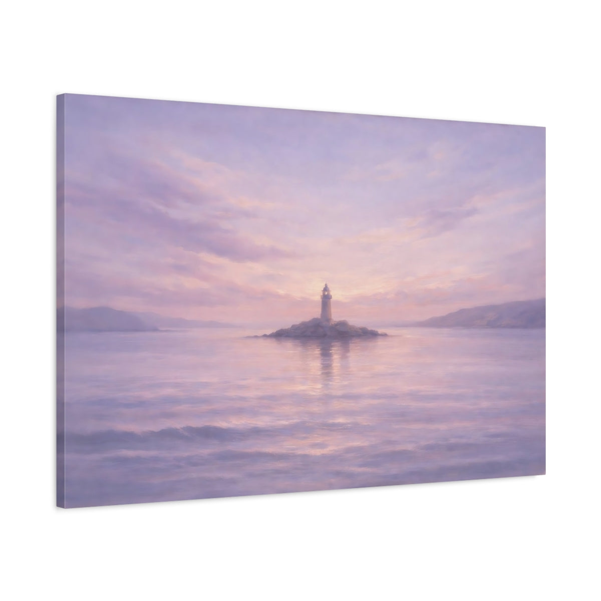 Side Mockup 1. Nature Lighthouse Purple And Pink shown as stretched canvas wall art