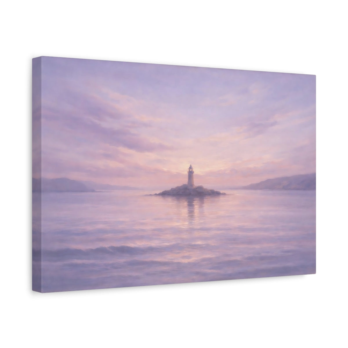 Side Mockup 4. Nature Lighthouse Purple And Pink shown as stretched canvas wall art