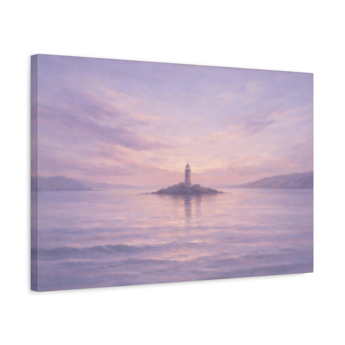 Side Mockup 3. Nature Lighthouse Purple And Pink shown as stretched canvas wall art