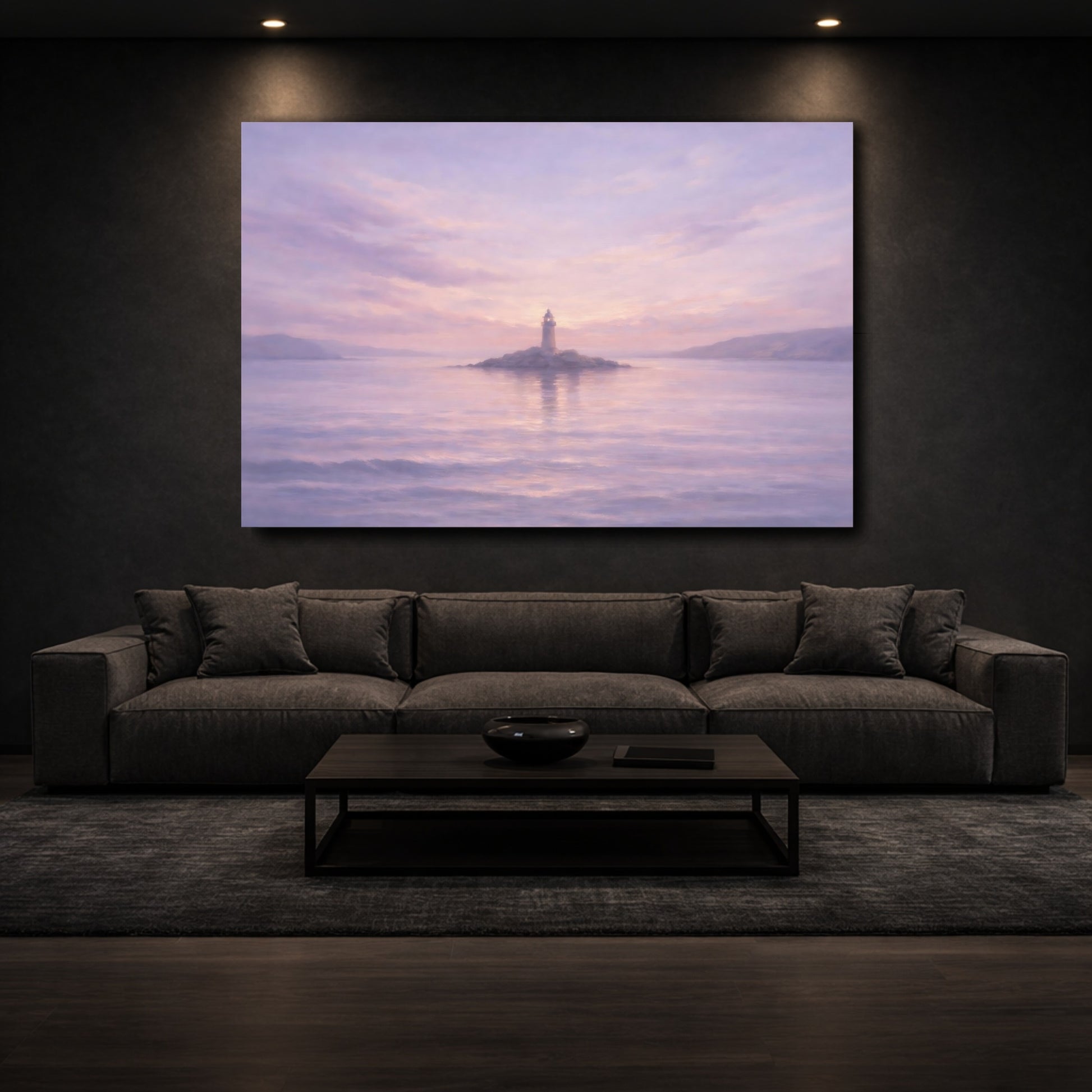 Mockup 2. Nature Lighthouse Purple And Pink shown as stretched canvas wall art