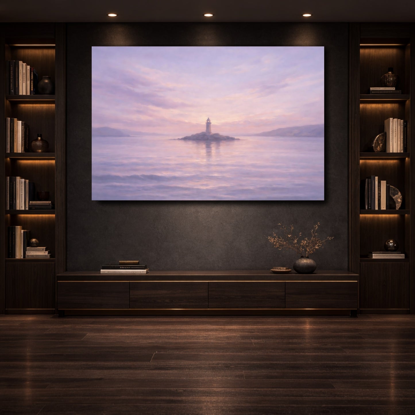 Mockup 3. Nature Lighthouse Purple And Pink shown as stretched canvas wall art