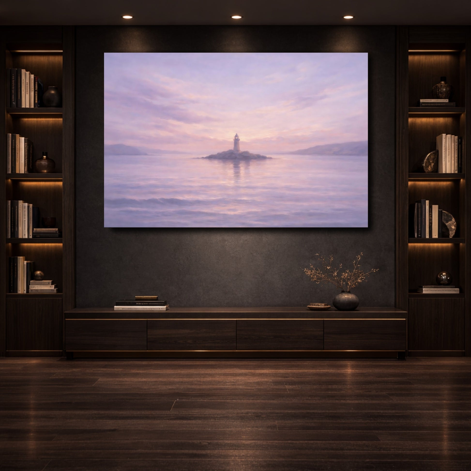 Mockup 3. Nature Lighthouse Purple And Pink shown as stretched canvas wall art