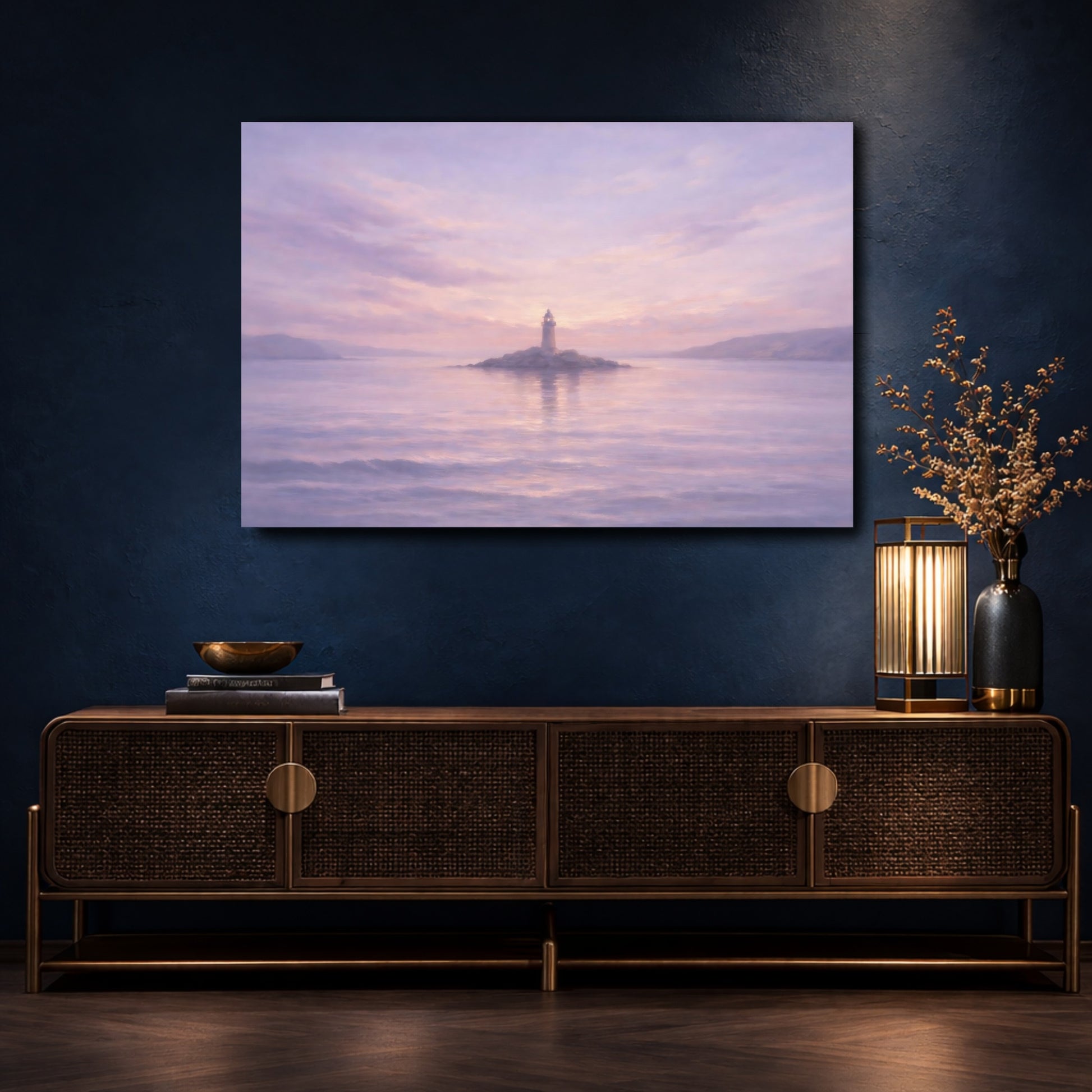 Mockup 4. Nature Lighthouse Purple And Pink shown as stretched canvas wall art