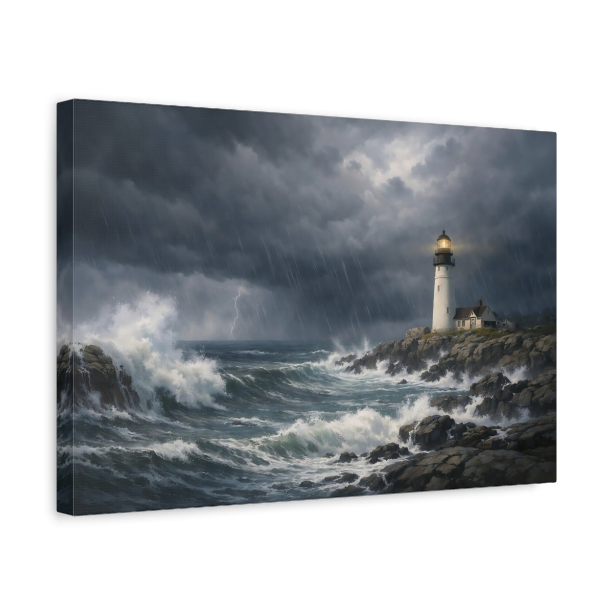 Side Mockup 4. Nature Lighthouse Stormy Lighthouse shown as stretched canvas wall art