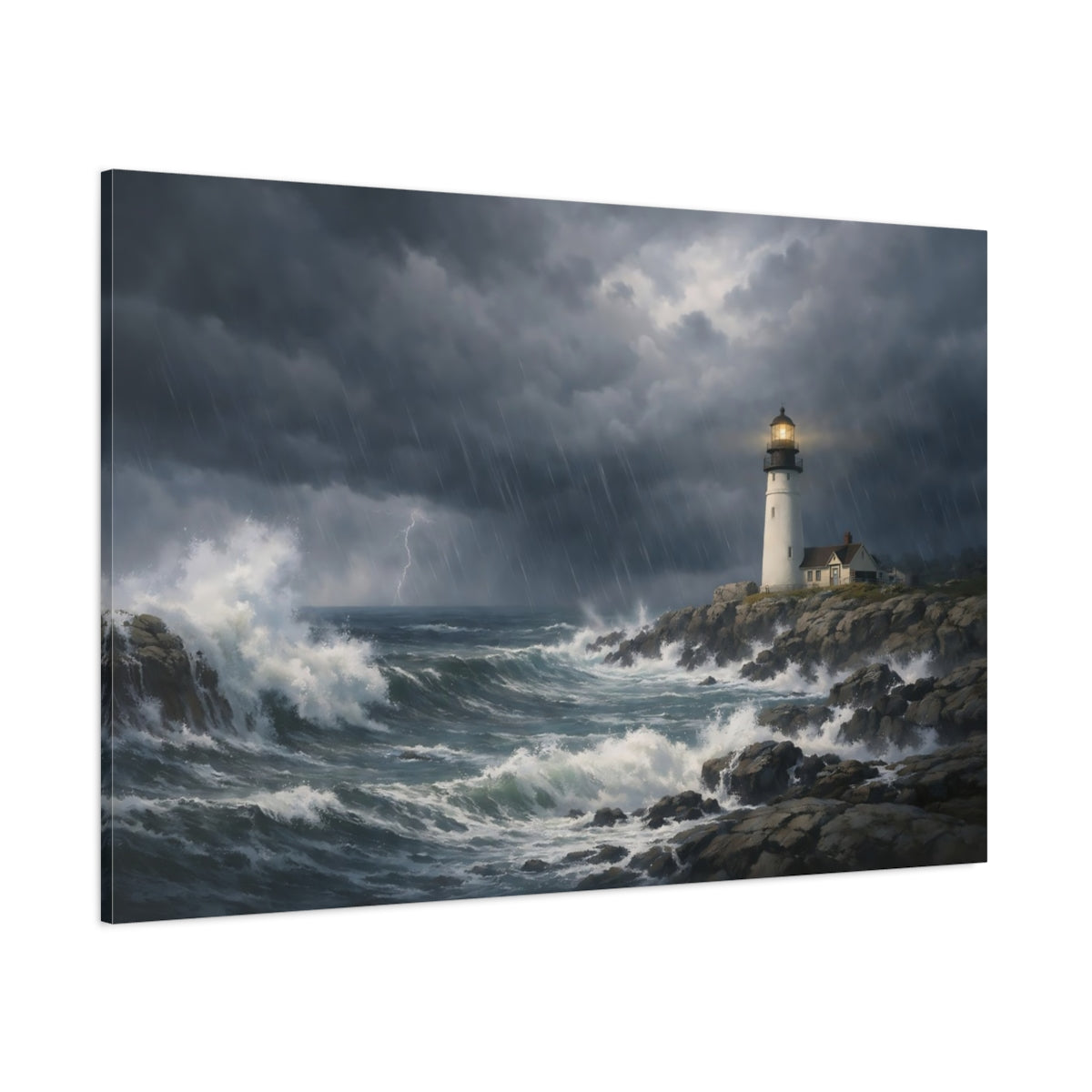 Side Mockup 1. Nature Lighthouse Stormy Lighthouse shown as stretched canvas wall art