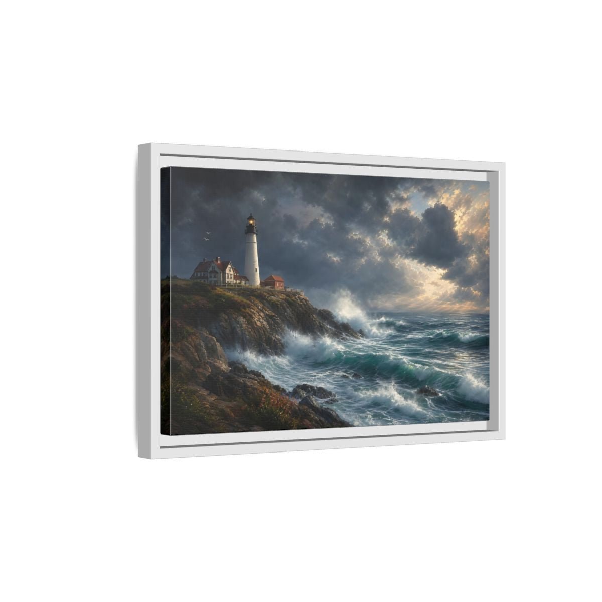 Nature Lighthouse Stormy Framed Canvas Print – Living Room, Above Console Table, Blue - YesArtYes