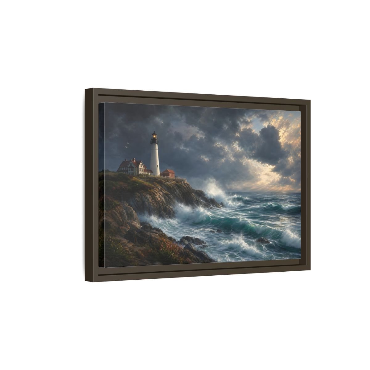 Nature Lighthouse Stormy Framed Canvas Print – Living Room, Above Console Table, Blue - YesArtYes