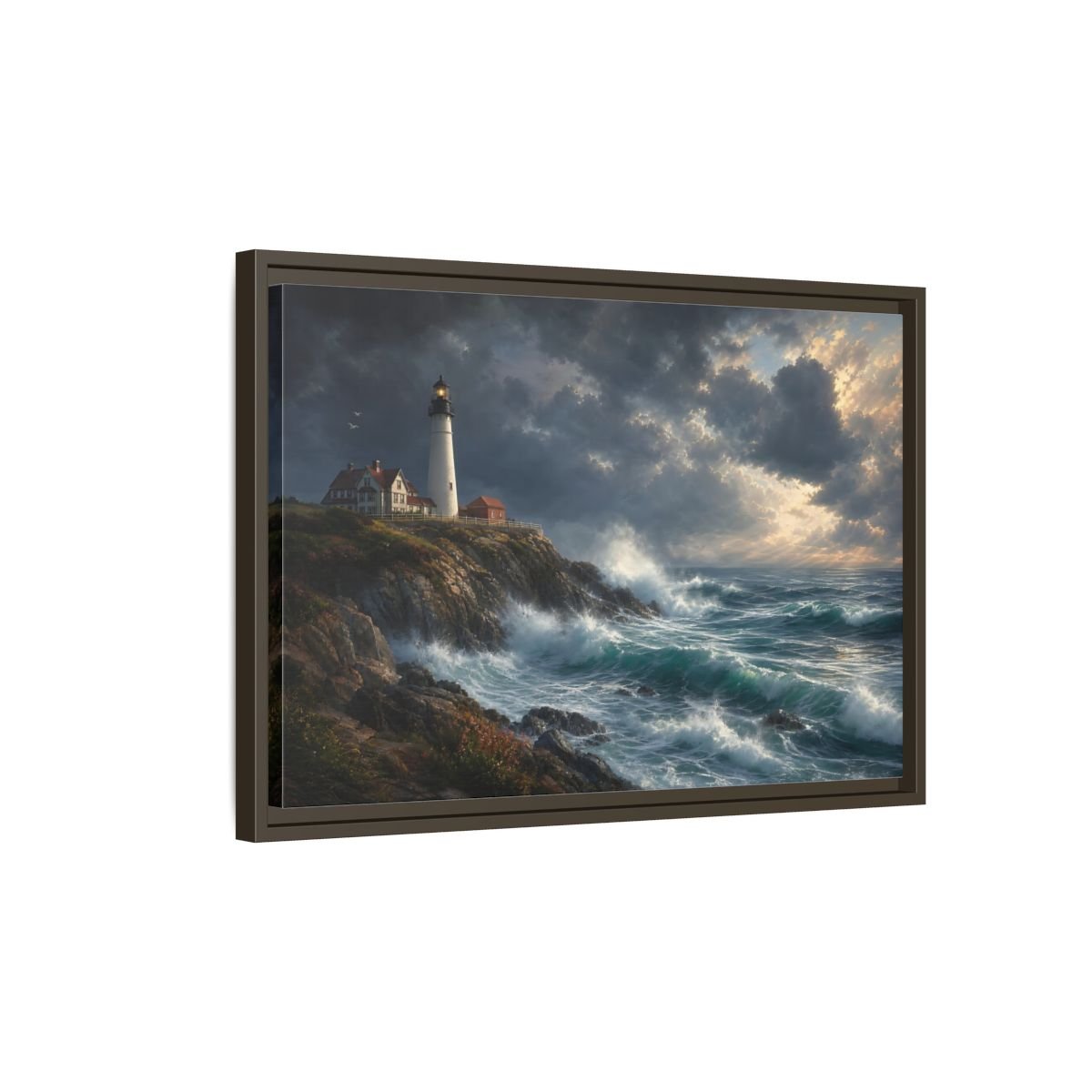 Nature Lighthouse Stormy Framed Canvas Print – Living Room, Above Console Table, Blue - YesArtYes