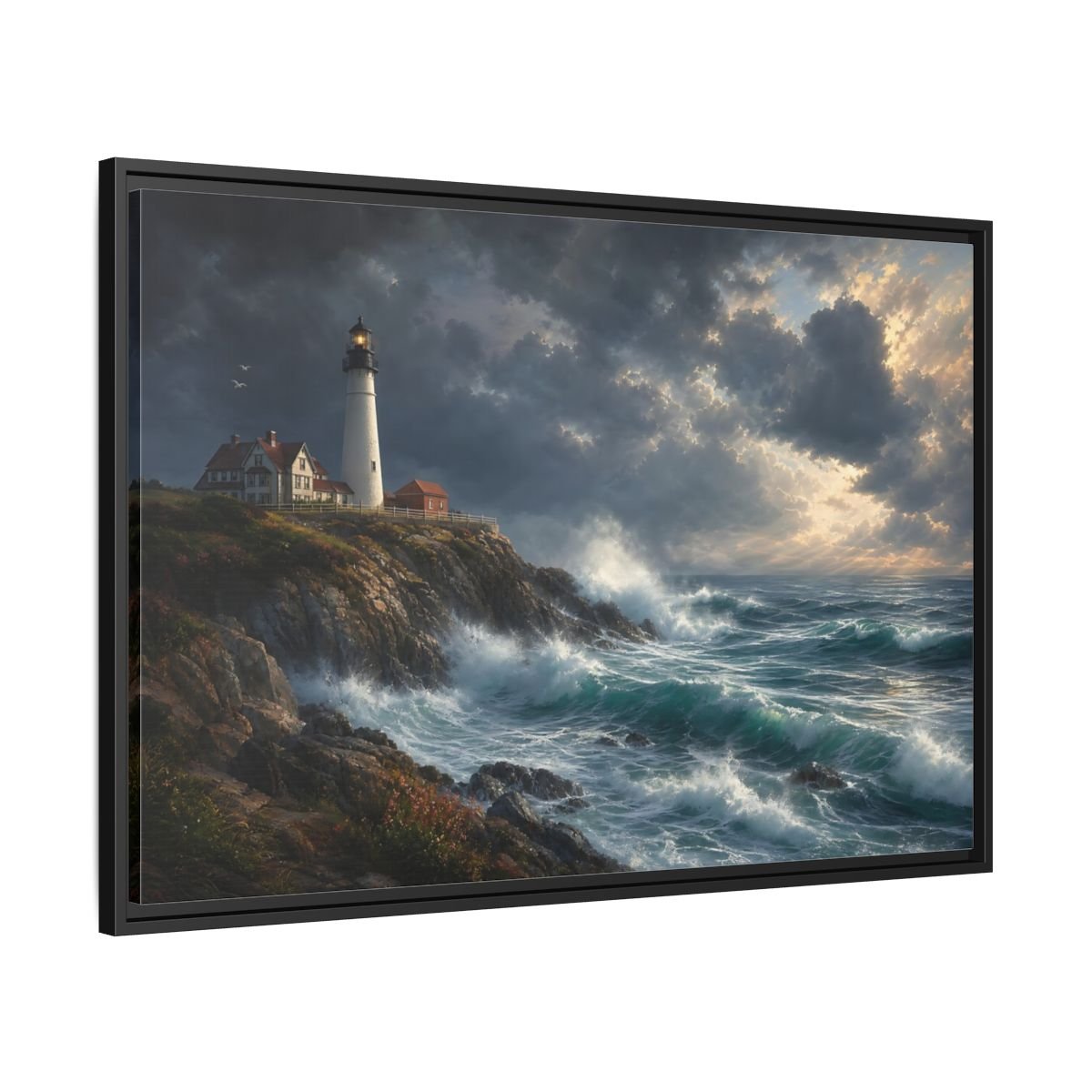 Nature Lighthouse Stormy Framed Canvas Print – Living Room, Above Console Table, Blue - YesArtYes