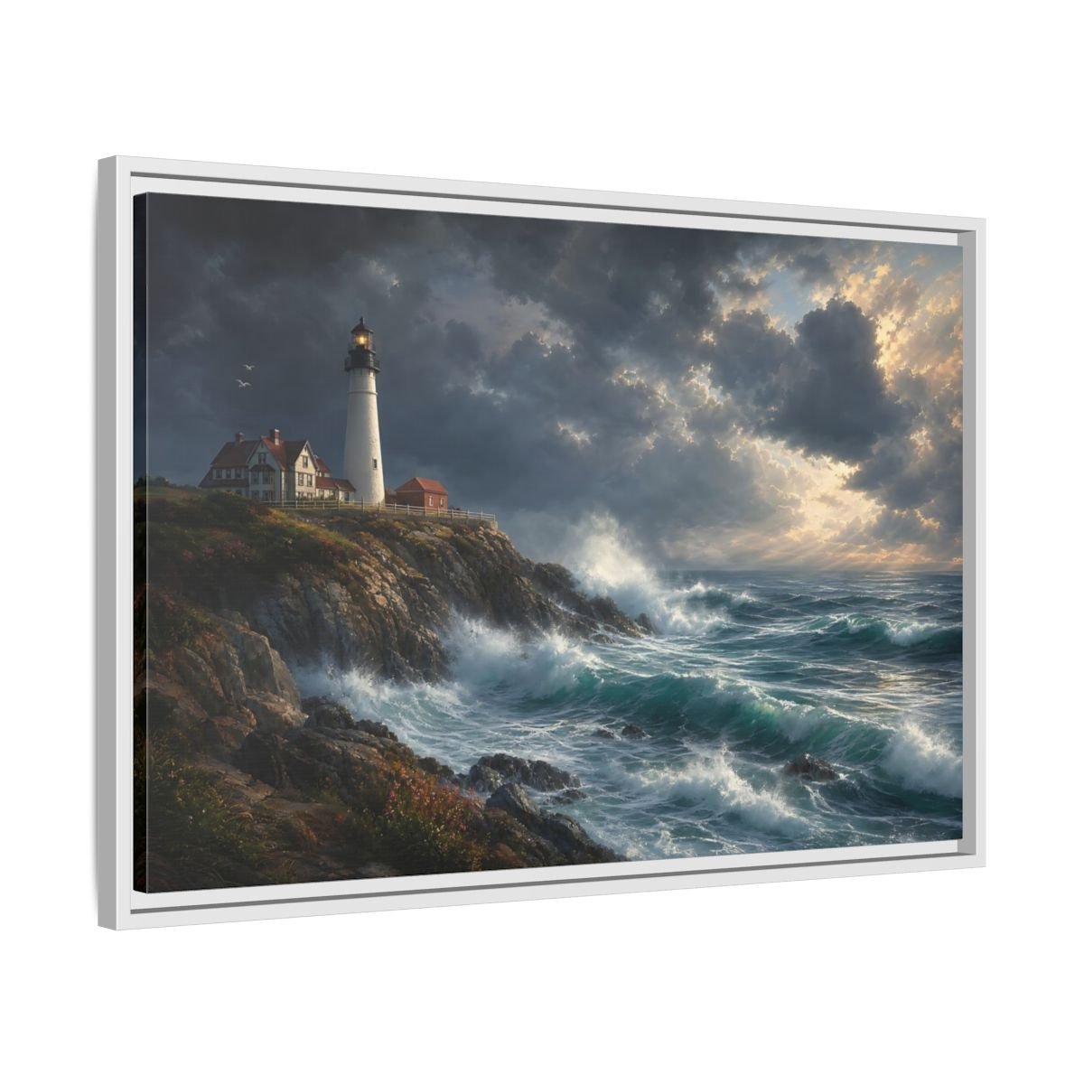 Nature Lighthouse Stormy Framed Canvas Print – Living Room, Above Console Table, Blue - YesArtYes