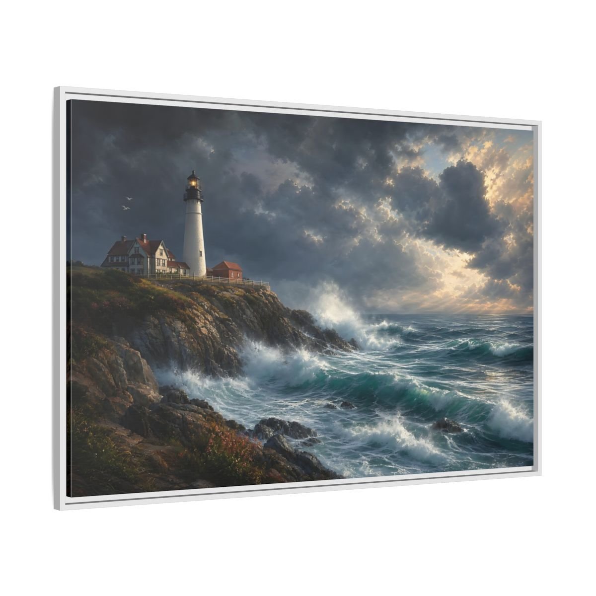 Nature Lighthouse Stormy Framed Canvas Print – Living Room, Above Console Table, Blue - YesArtYes