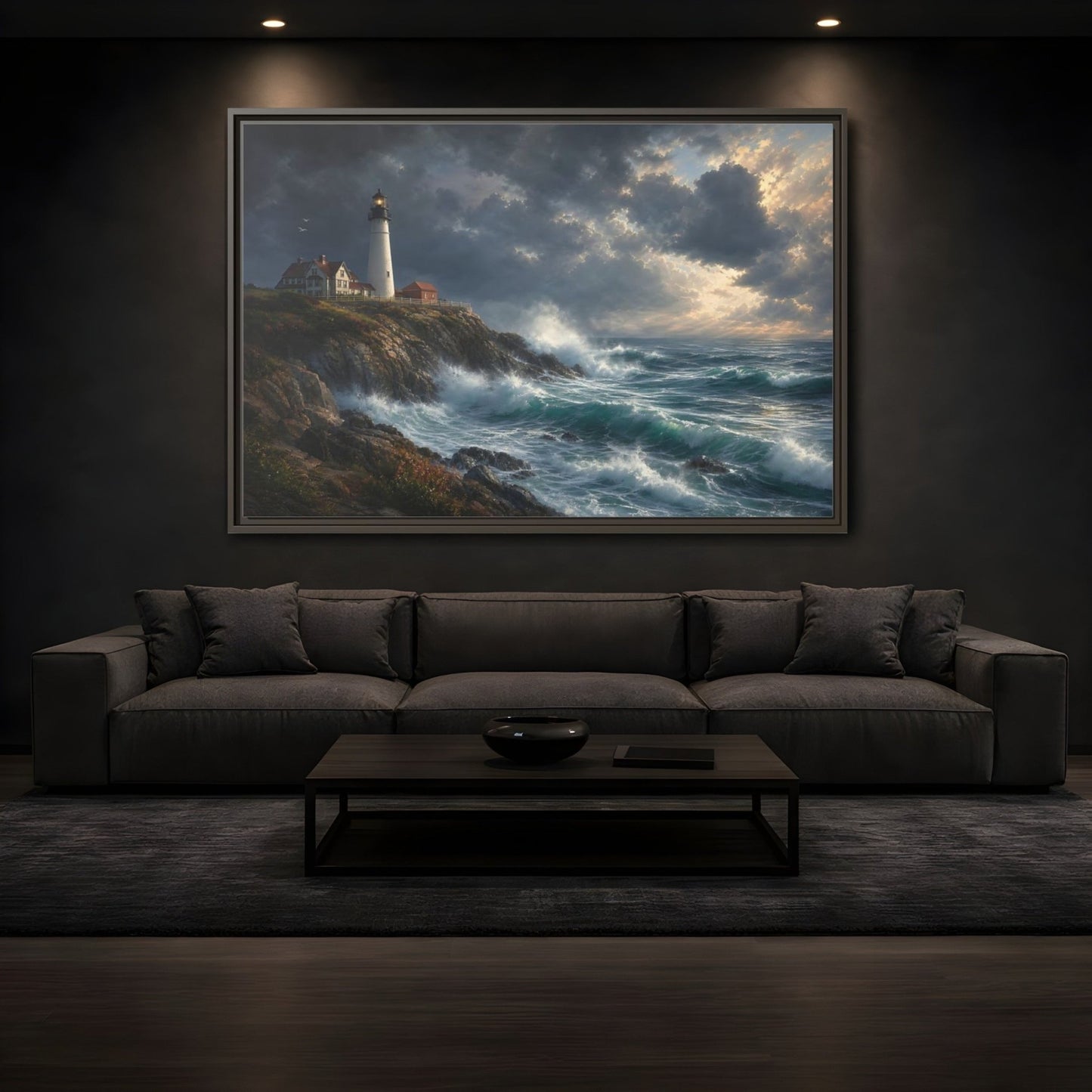 Nature Lighthouse Stormy Framed Canvas Print – Living Room, Above Console Table, Blue - YesArtYes