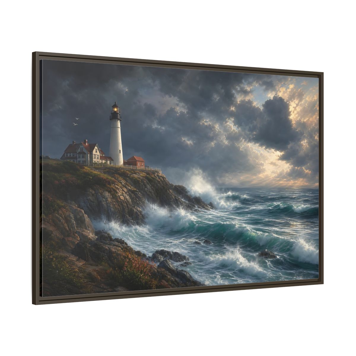 Side Mockup 8. Nature Lighthouse Stormy Lighthouse shown as stretched canvas wall art