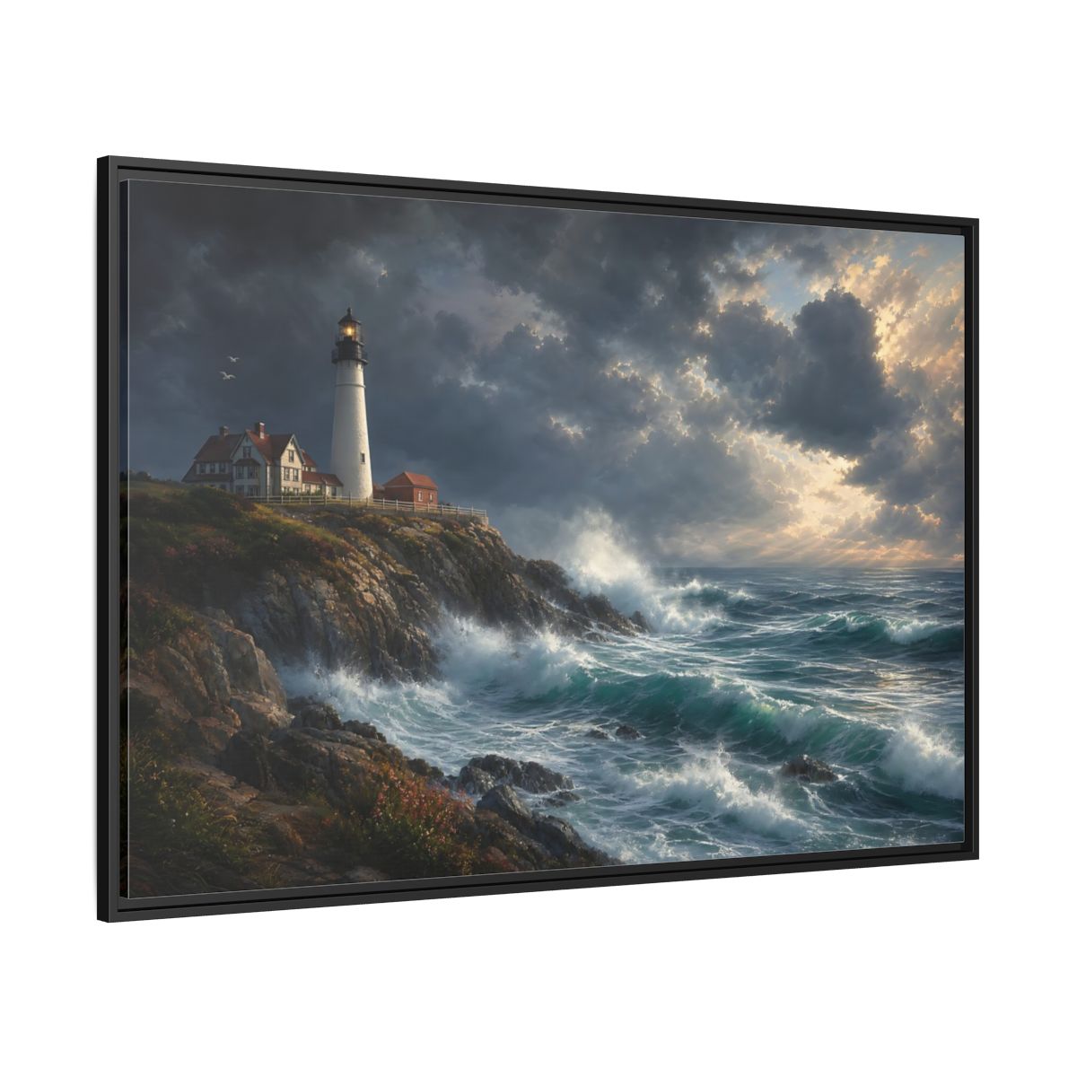 Side Mockup 12. Nature Lighthouse Stormy Lighthouse shown as stretched canvas wall art