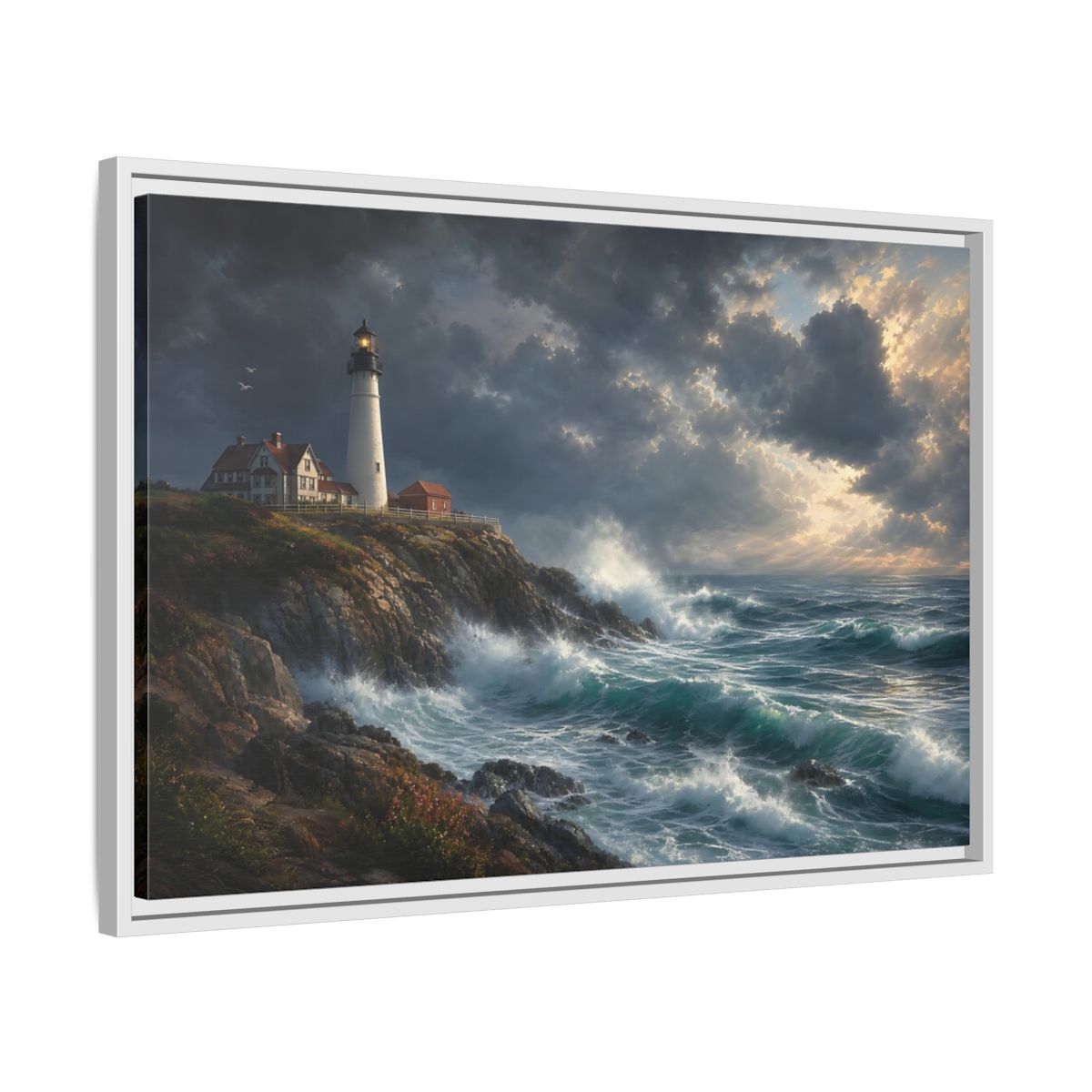 Side Mockup 10. Nature Lighthouse Stormy Lighthouse shown as stretched canvas wall art