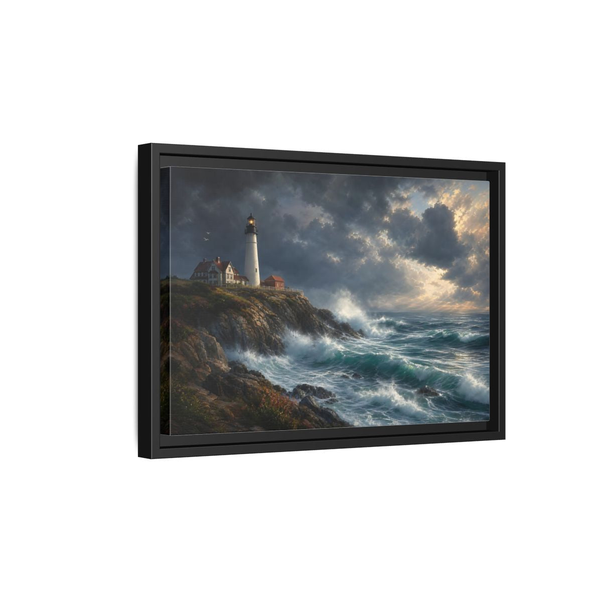 Side Mockup 6. Nature Lighthouse Stormy Lighthouse shown as stretched canvas wall art