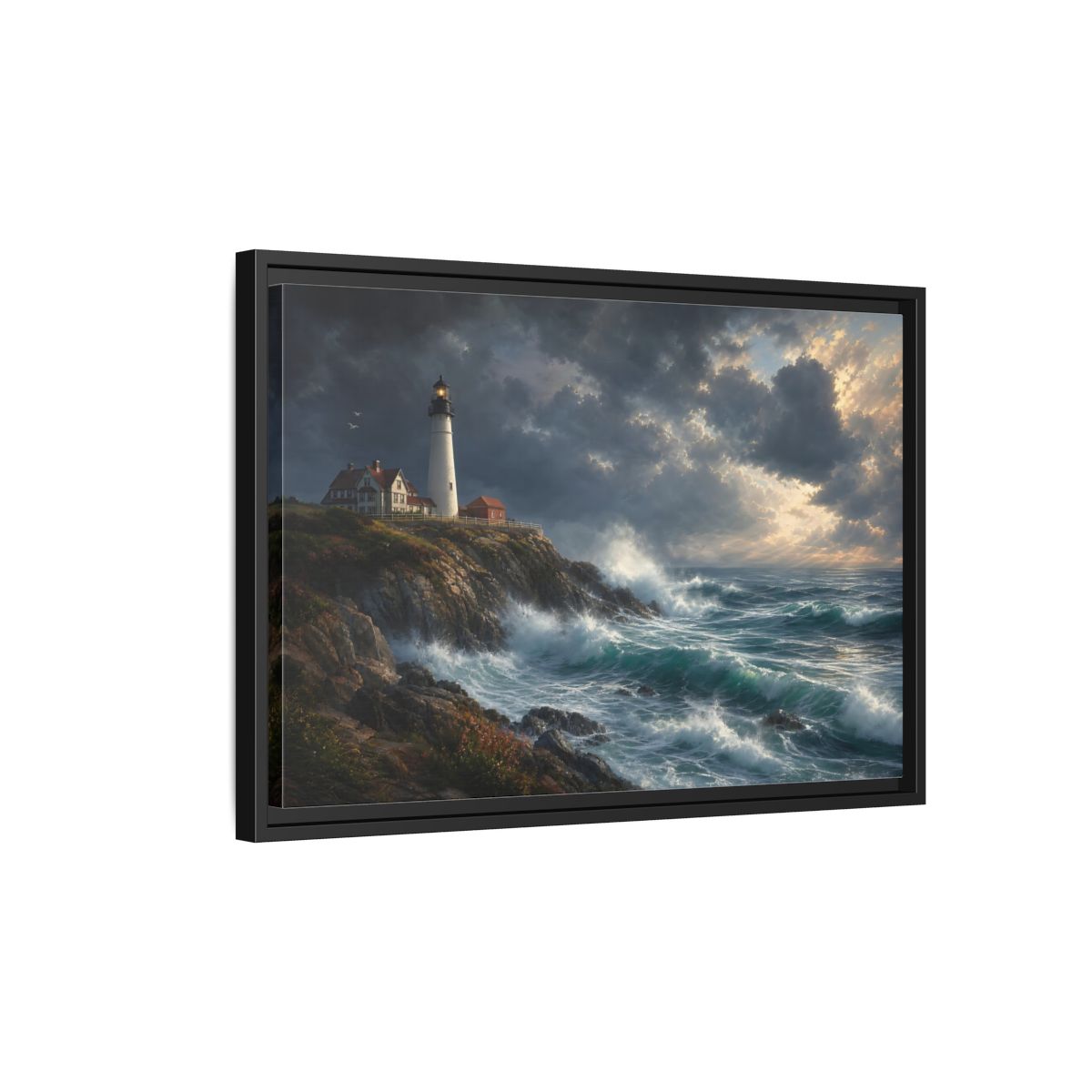 Side Mockup 3. Nature Lighthouse Stormy Lighthouse shown as stretched canvas wall art