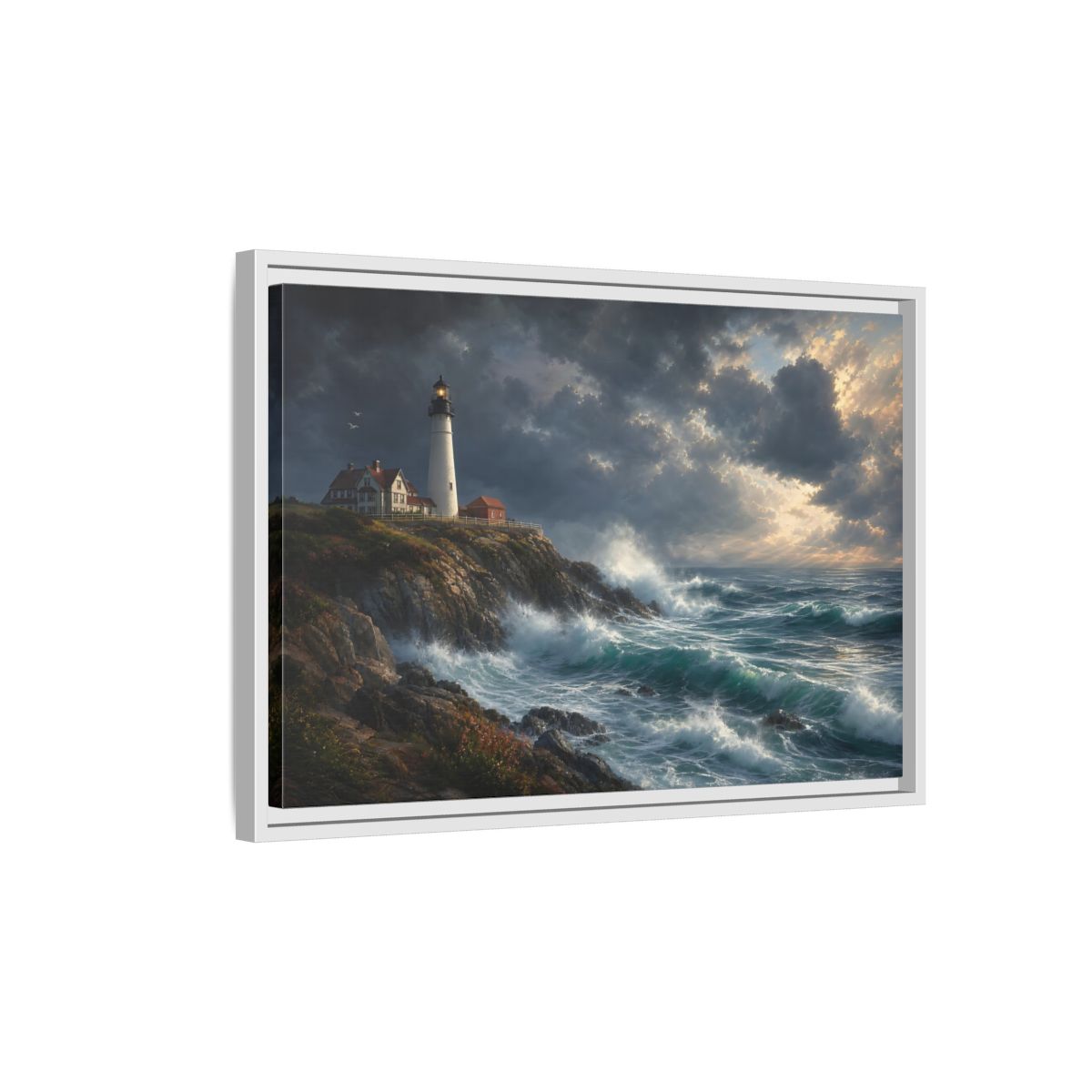 Side Mockup 1. Nature Lighthouse Stormy Lighthouse shown as stretched canvas wall art