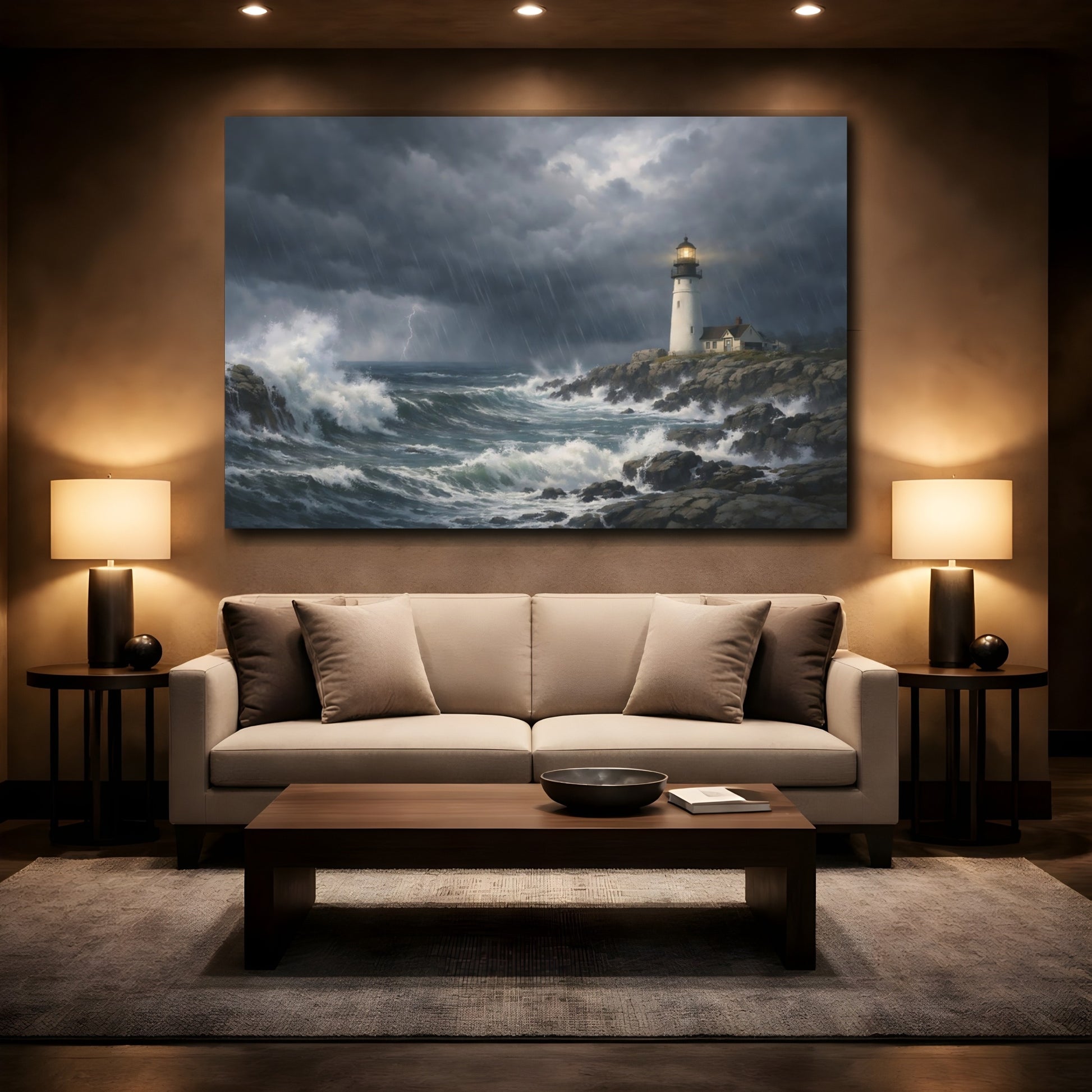 Mockup 2. Nature Lighthouse Stormy Lighthouse shown as stretched canvas wall art