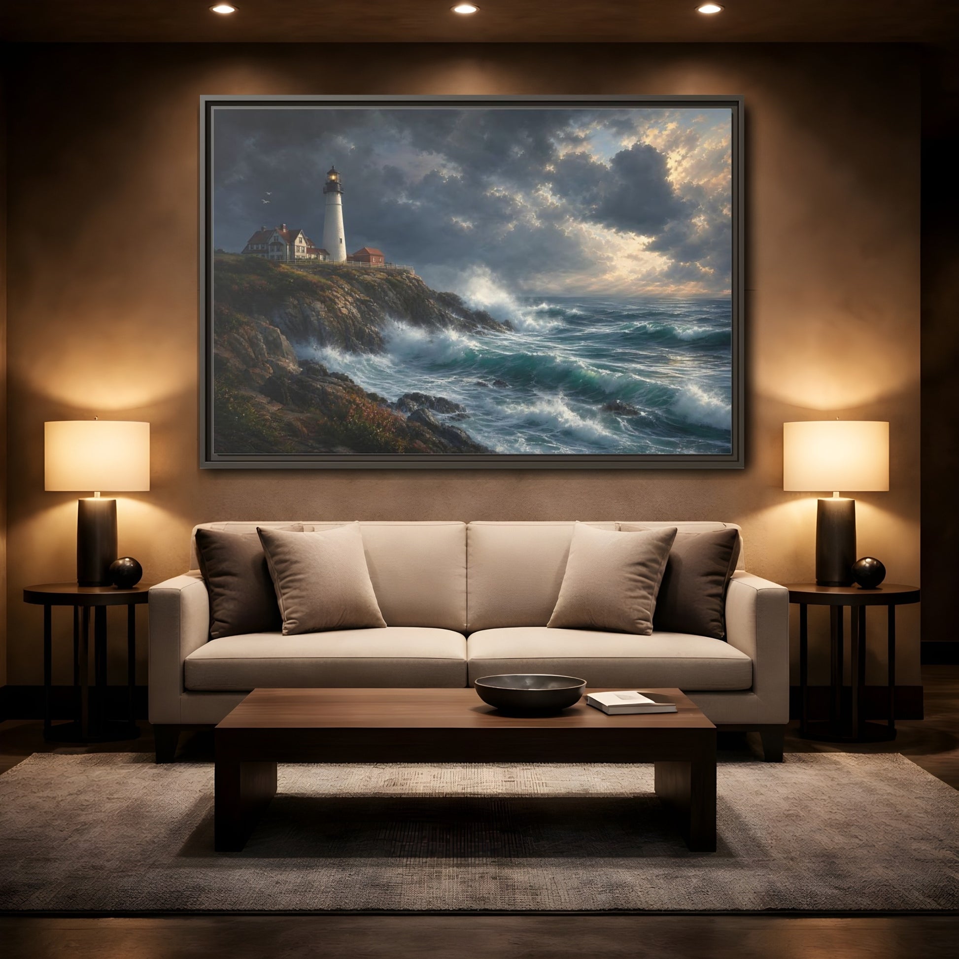 Mockup 2. Nature Lighthouse Stormy Lighthouse shown as stretched canvas wall art