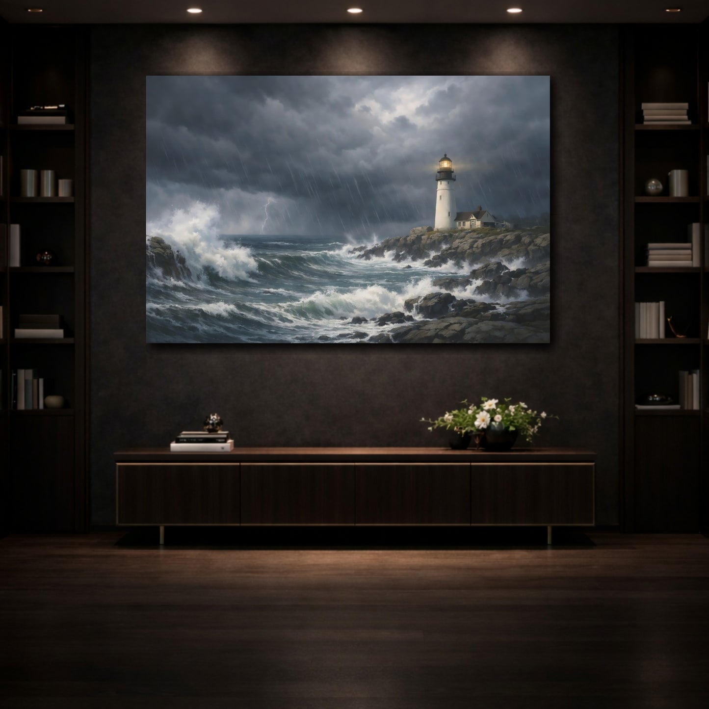 Mockup 3. Nature Lighthouse Stormy Lighthouse shown as stretched canvas wall art