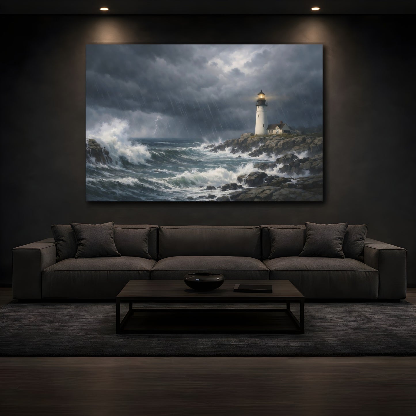 Mockup 4. Nature Lighthouse Stormy Lighthouse shown as stretched canvas wall art