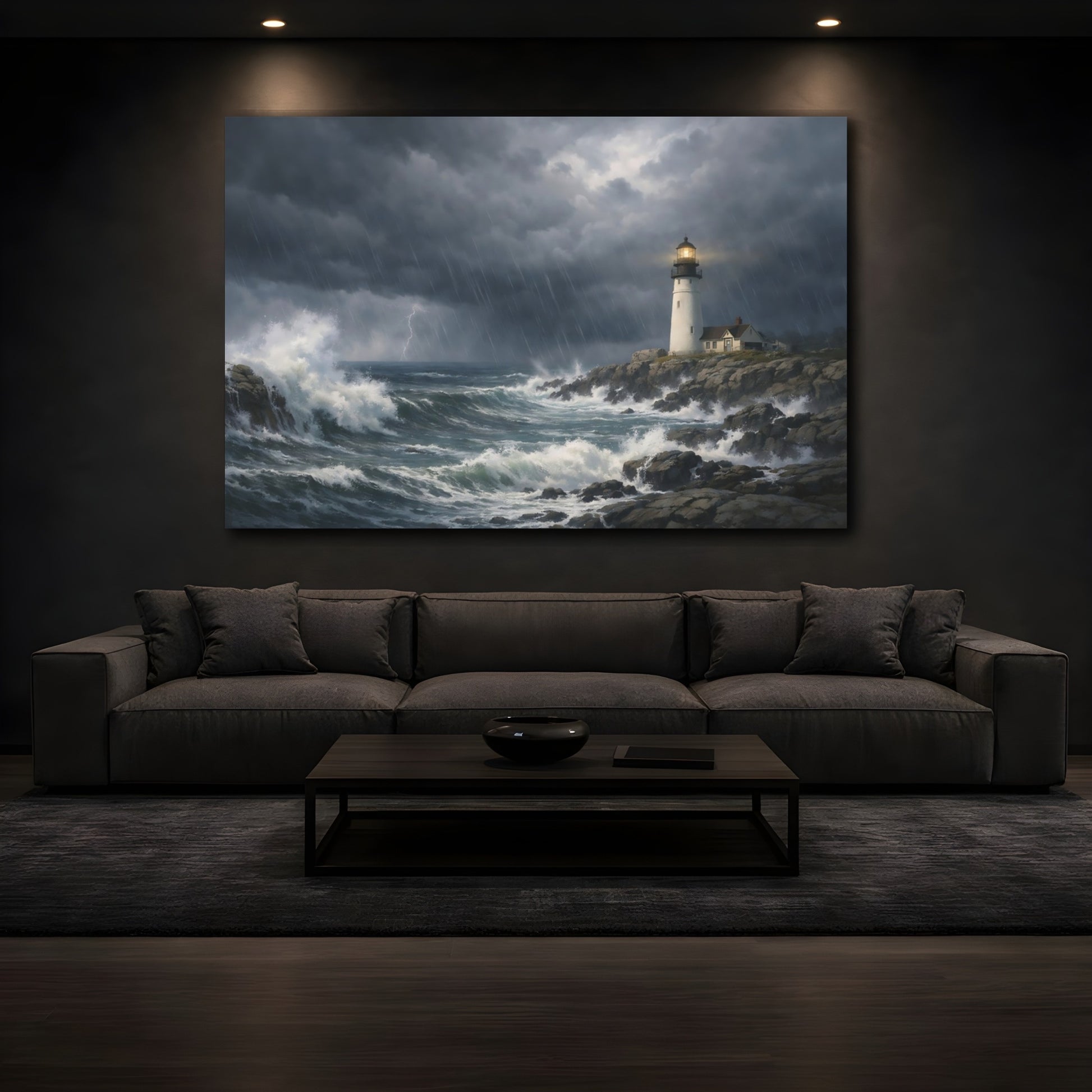 Mockup 4. Nature Lighthouse Stormy Lighthouse shown as stretched canvas wall art